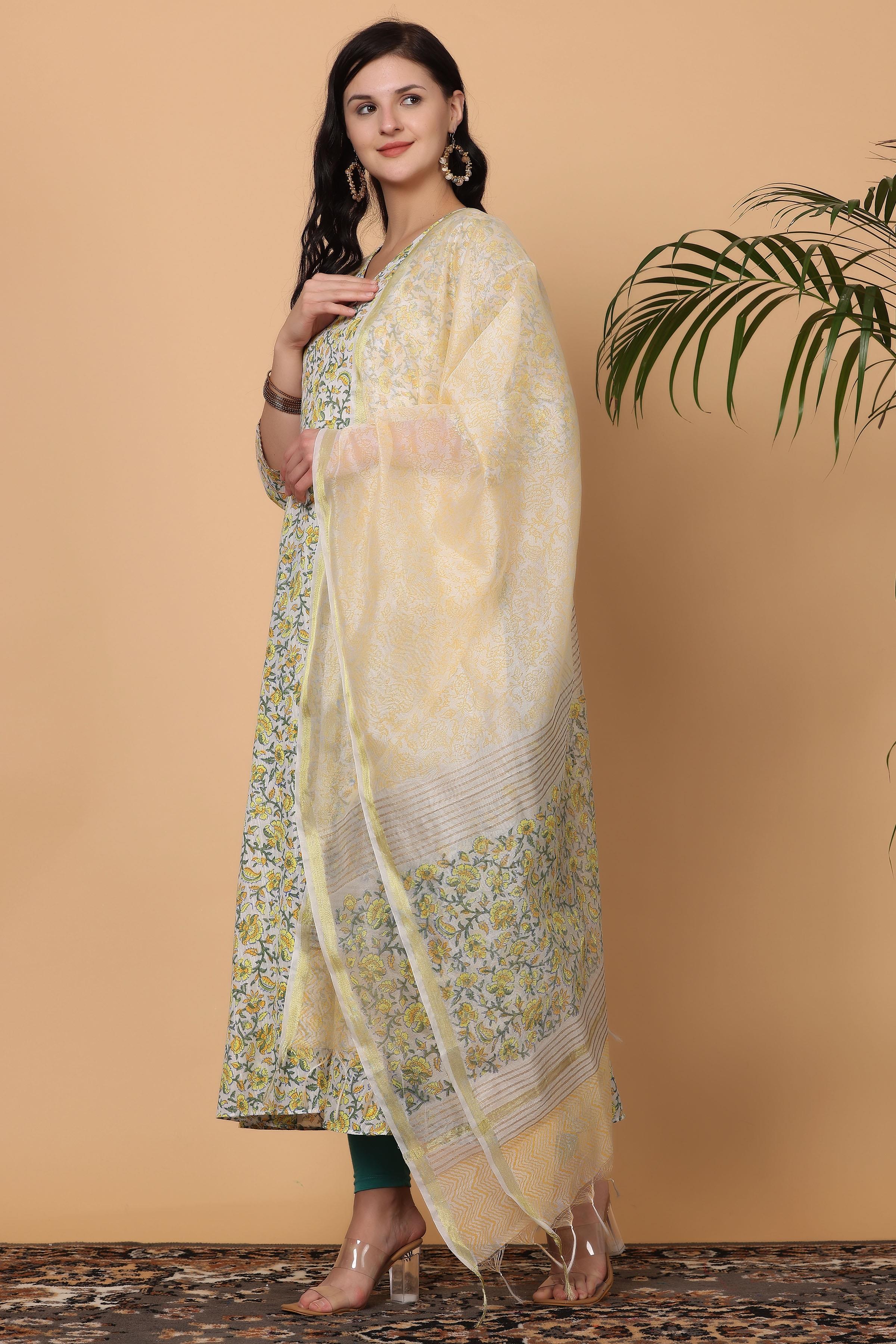 Kaanchie Nanggia Multi-Color Cotton Printed Anarkali Kurta Dupatta with Leggings (Set of 3)