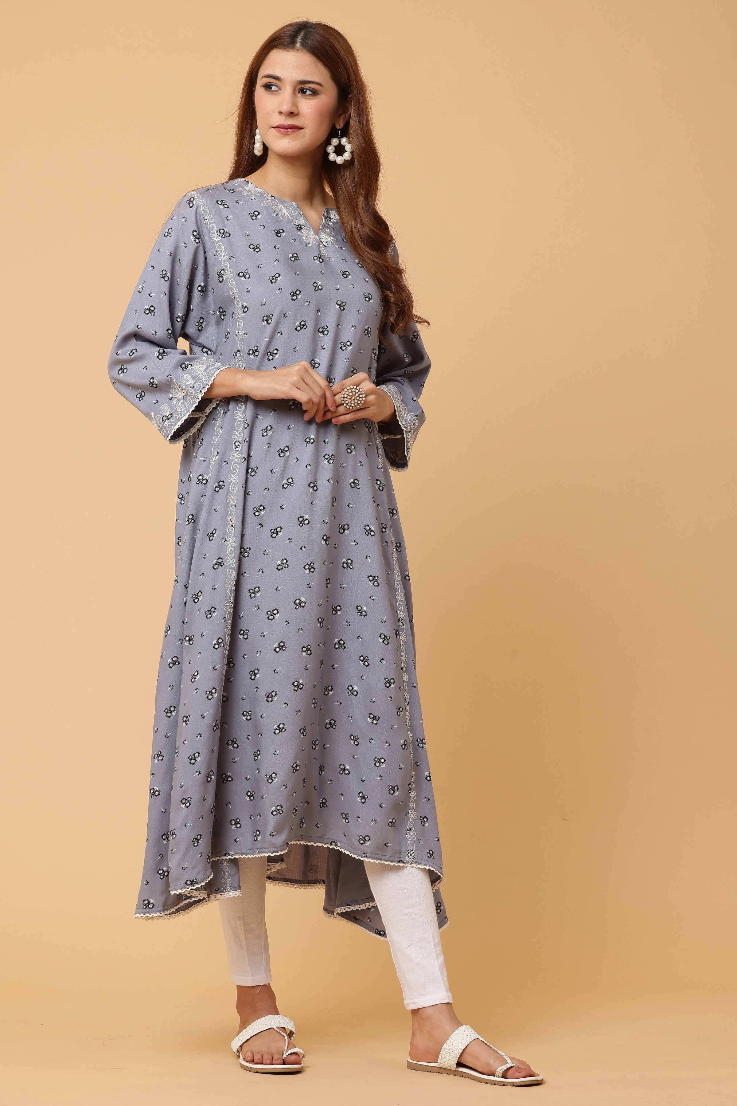 Kaanchie Nanggia Grey Embroidered Flared Kurta with Leggings (Set of 2)