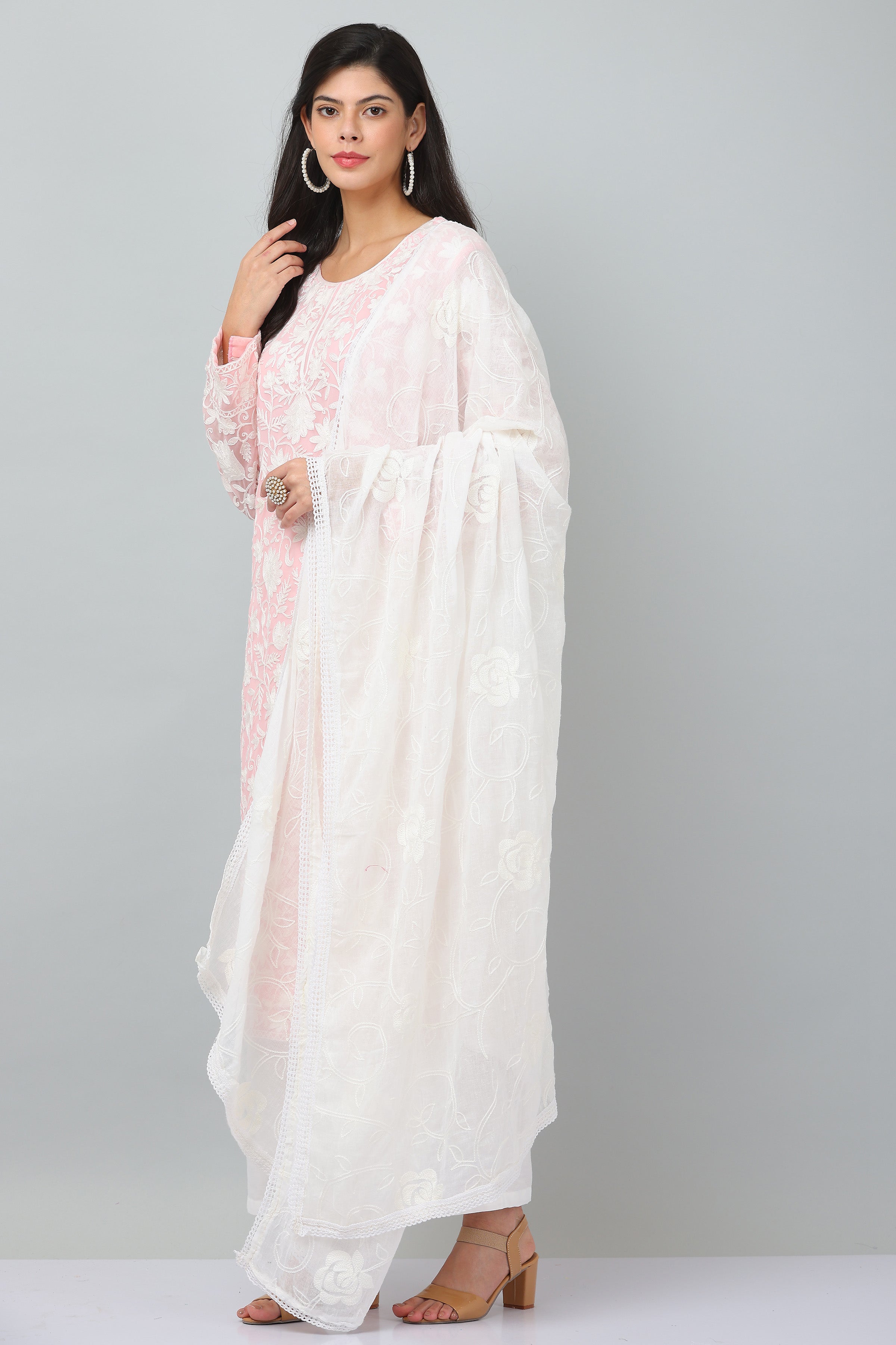 Kaanchie Nanggia Pink Georgette Embroidered Kurta & Dupatta with Pant (Set of 3)