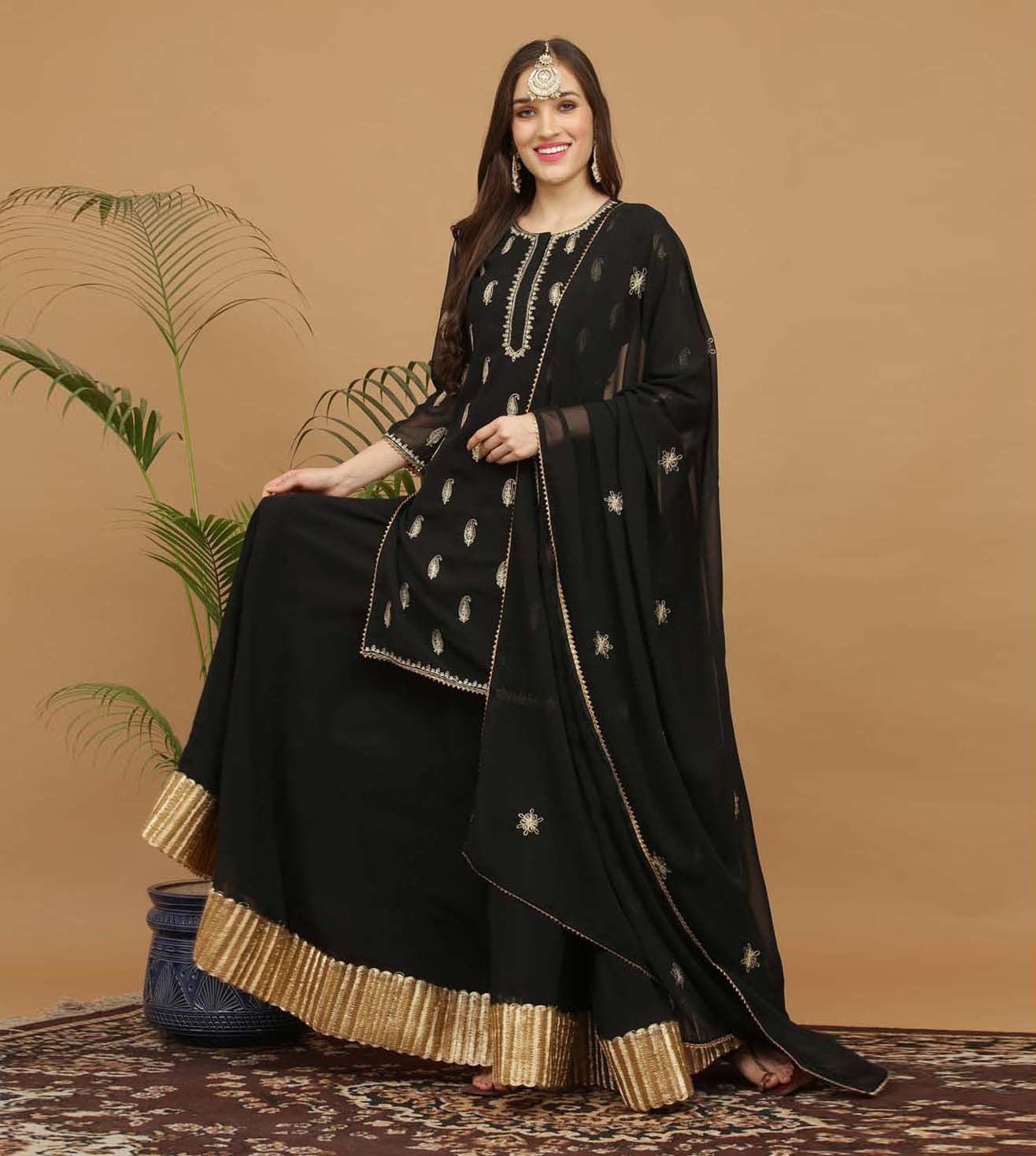 Kaanchie Nanggia Black Embroidery Georgette Kurta with Skirt & Dupatta (Set of 3)