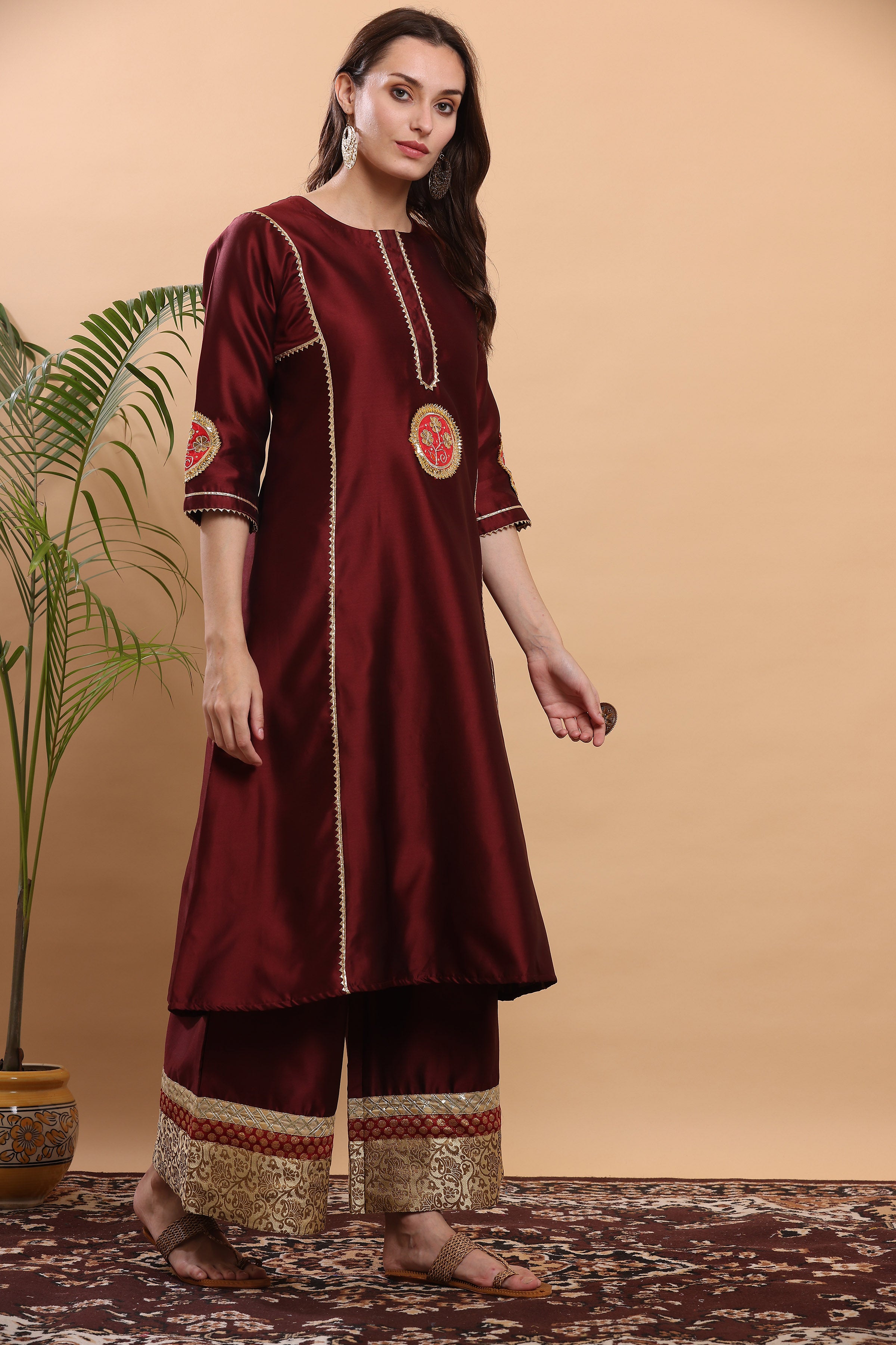 Kaanchie Nanggia Maroon Flayred Gota Work Kurta Palazzo (Set of 2)