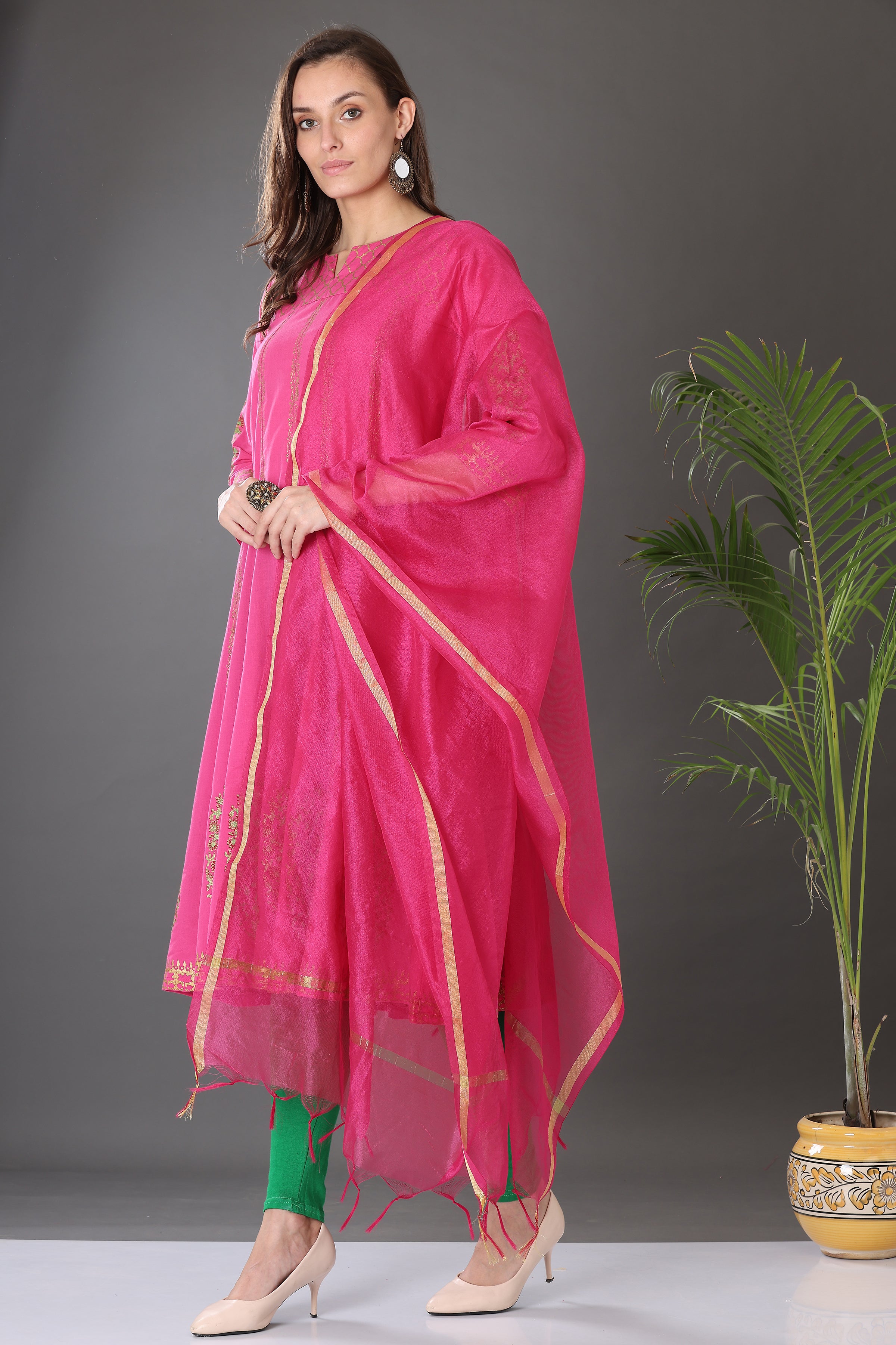 Kaanchie Nanggia Pink Block Printed Anarkali with Leggings and Dupatta (Set of 3)