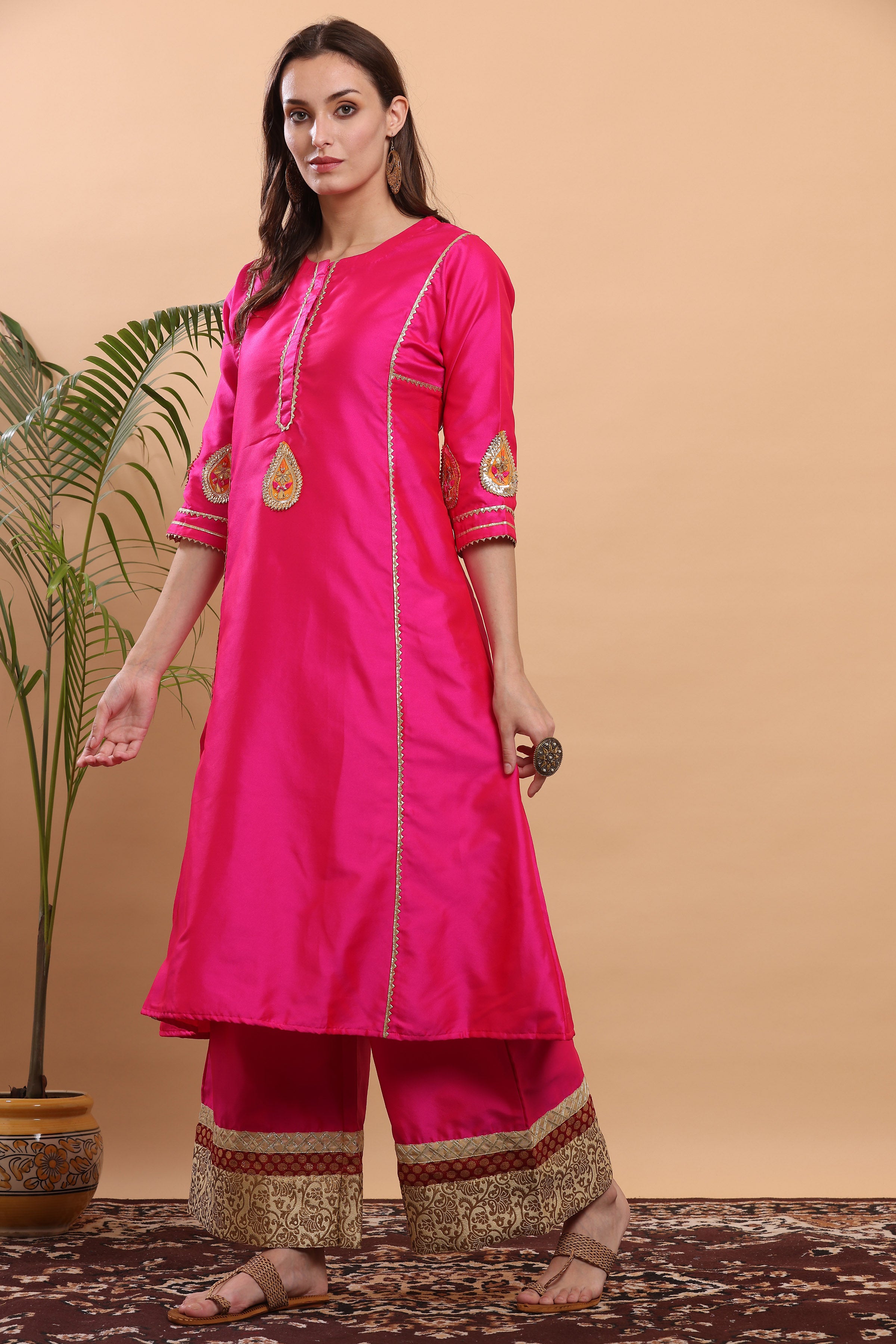Kaanchie Nanggia Pink Flayred Gota Work Kurta Palazzo (Set of 2)