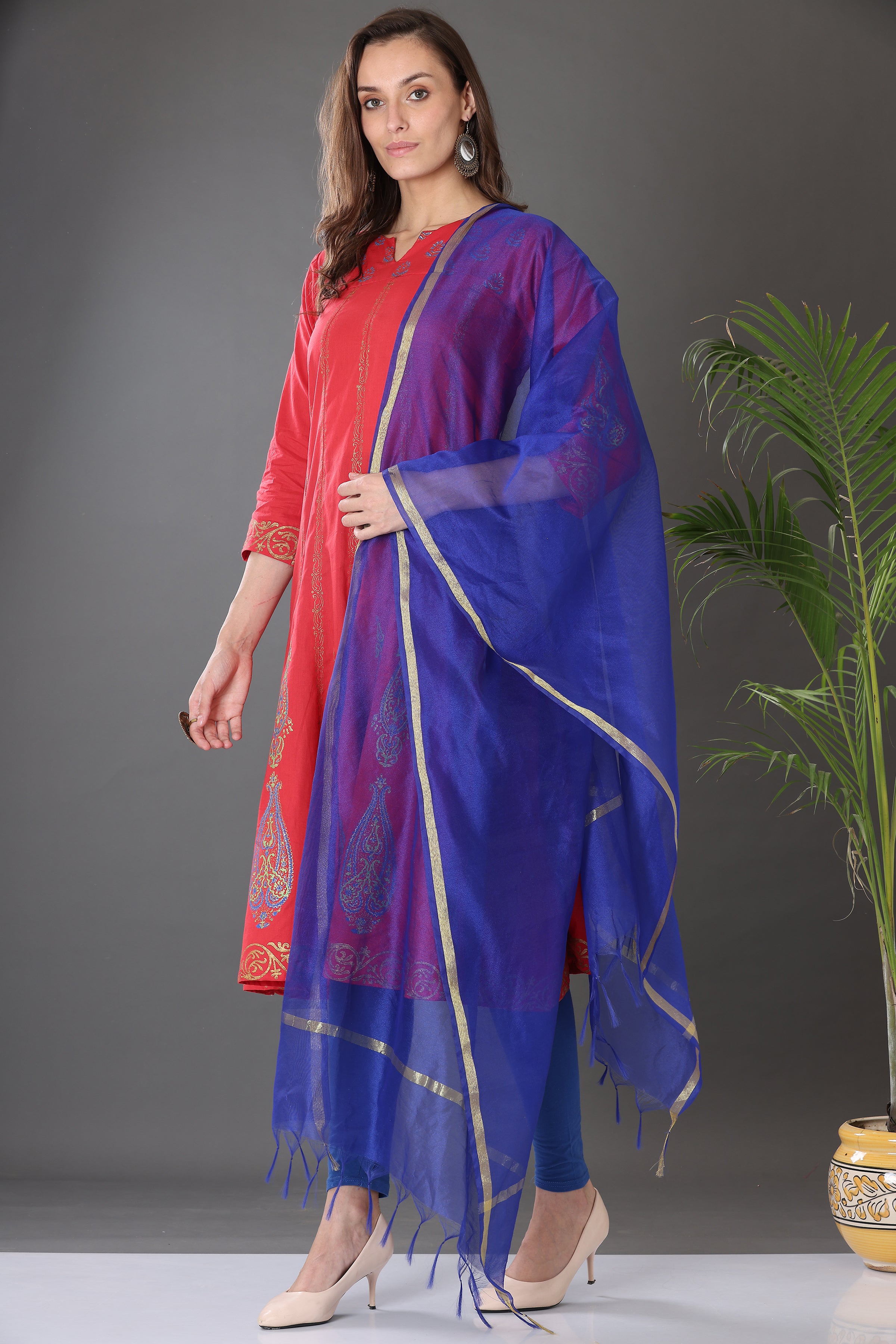 Kaanchie Nanggia Red Block Printed Anarkali with Leggings and Dupatta (Set of 3)