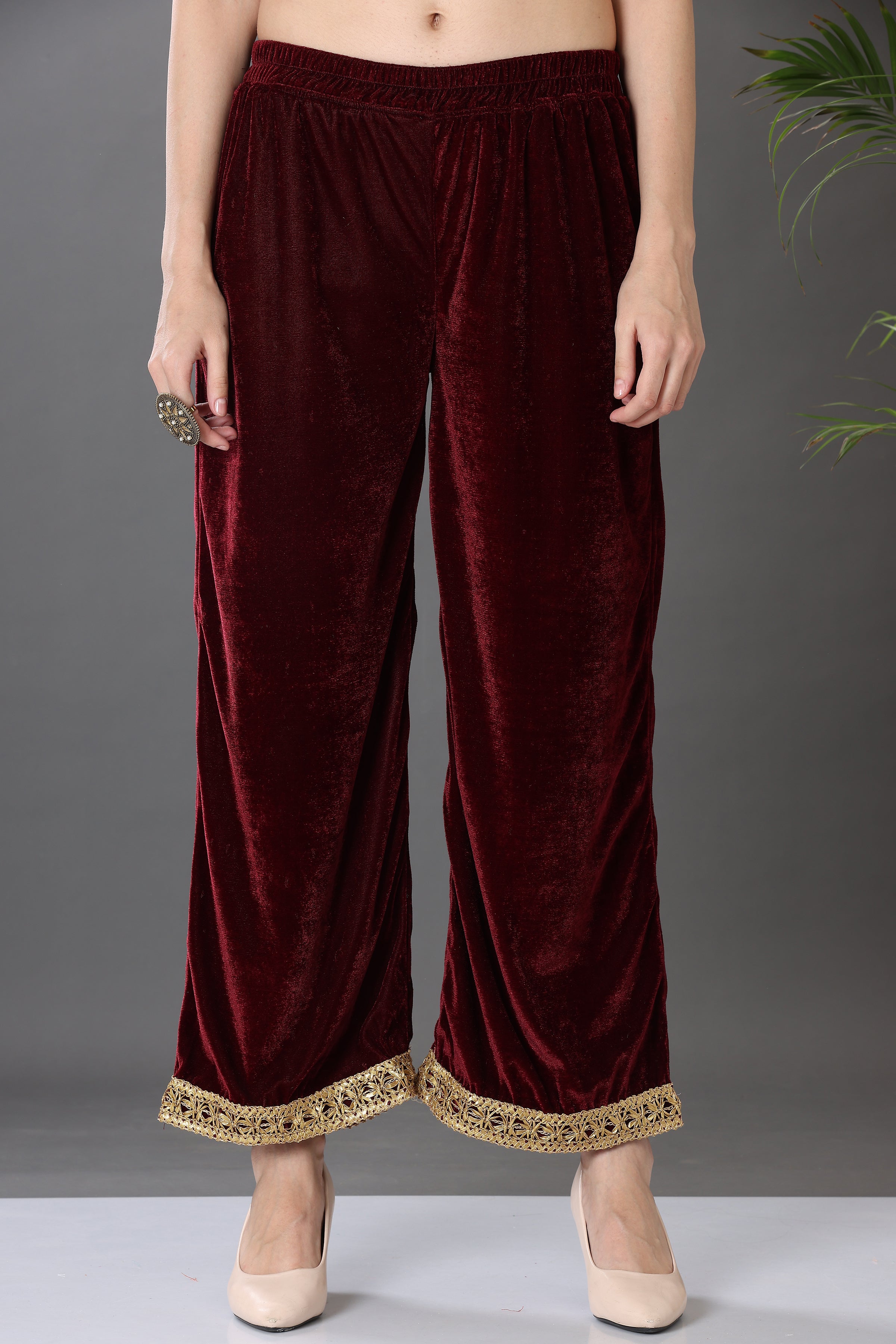 Kaanchie Nanggia Maroon Velvet with Gota Patti Work Flared Kurta Palazzo & Dupatta (Set of 3)