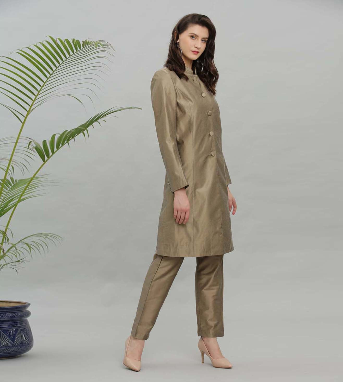 Kaanchie Nanggia Mud Brown Solid Jacket Kurta And Pant - (Set of 2)