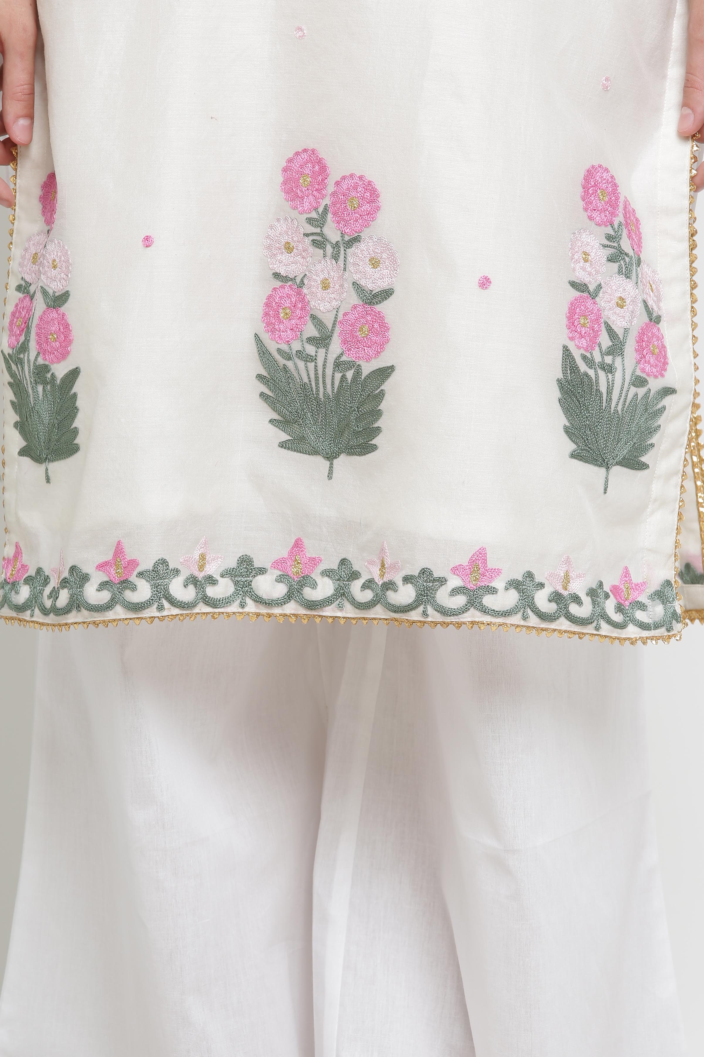 Kaanchie Nanggia White Embroidred A Line Kurta And Pant (Set of 2)