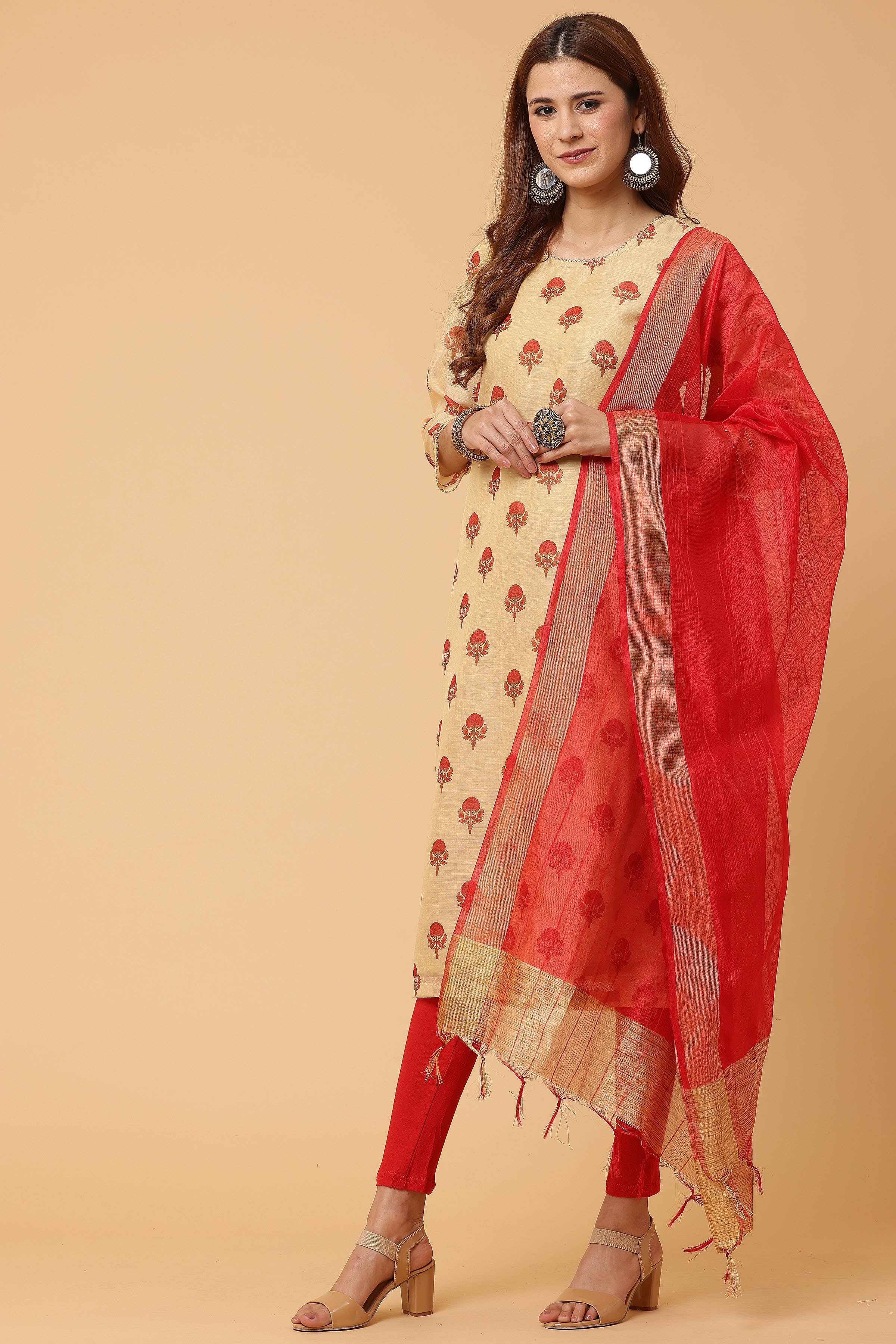 Kaanchie Nanggia Beige Digital Printed Kurta Legging with Dupatta (Set of 3)