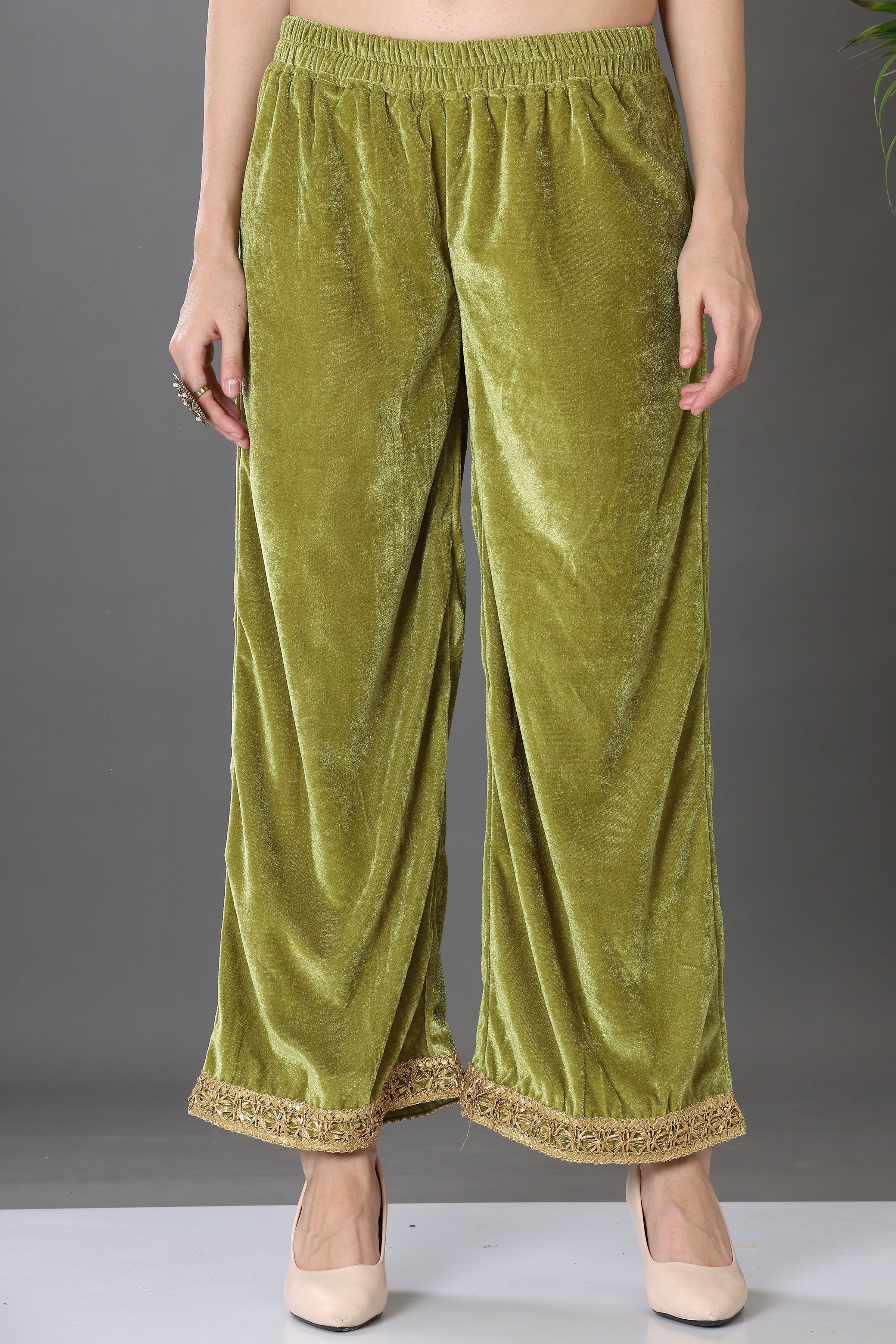 Kaanchie Nanggia Green Velvet Embroidered Party Wear Kurta with Palazzo (Set of 2)