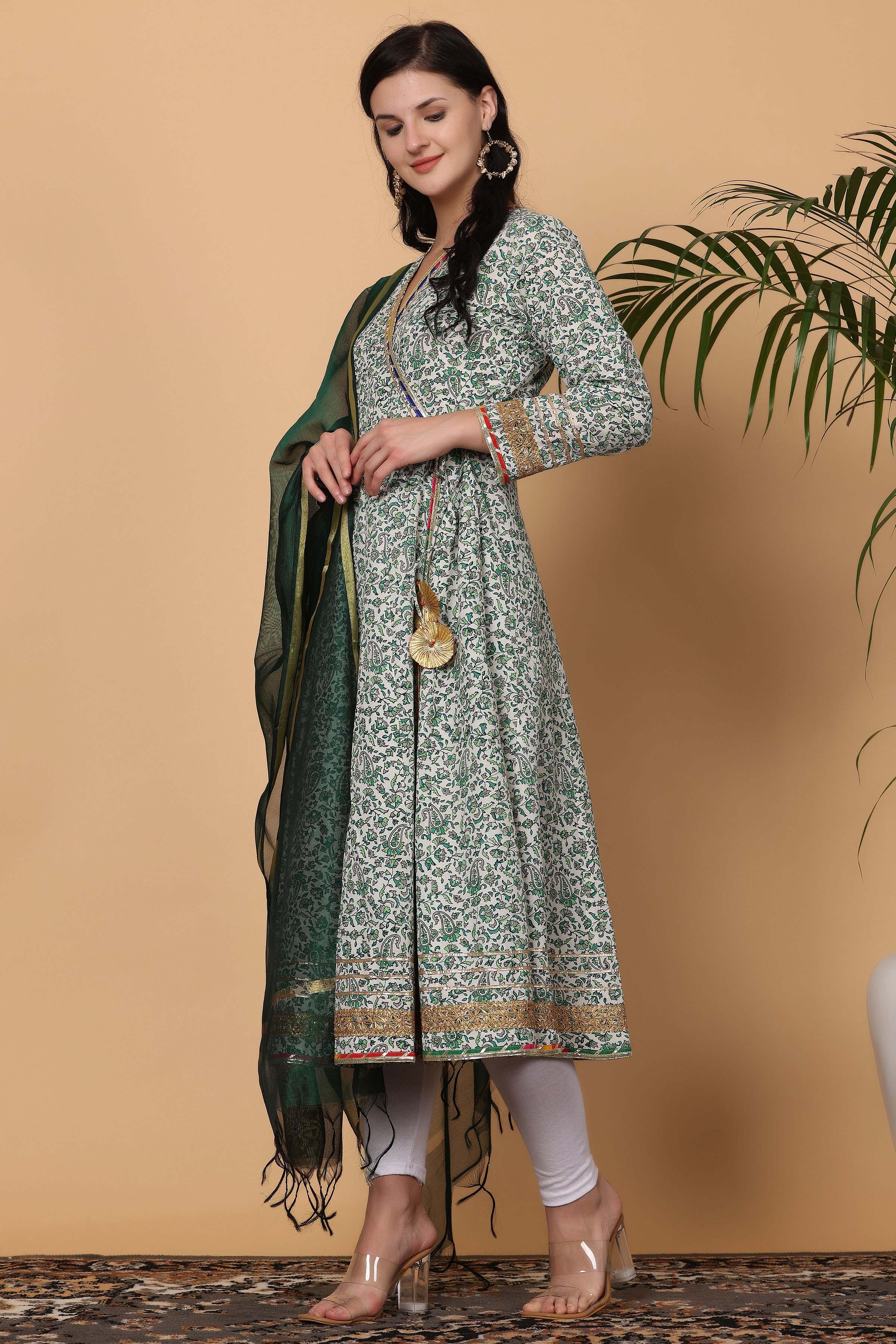 Kaanchie Nanggia Green Cotton Printed Anarkali Kurta with Dupatta and Leggings (Set of 3)