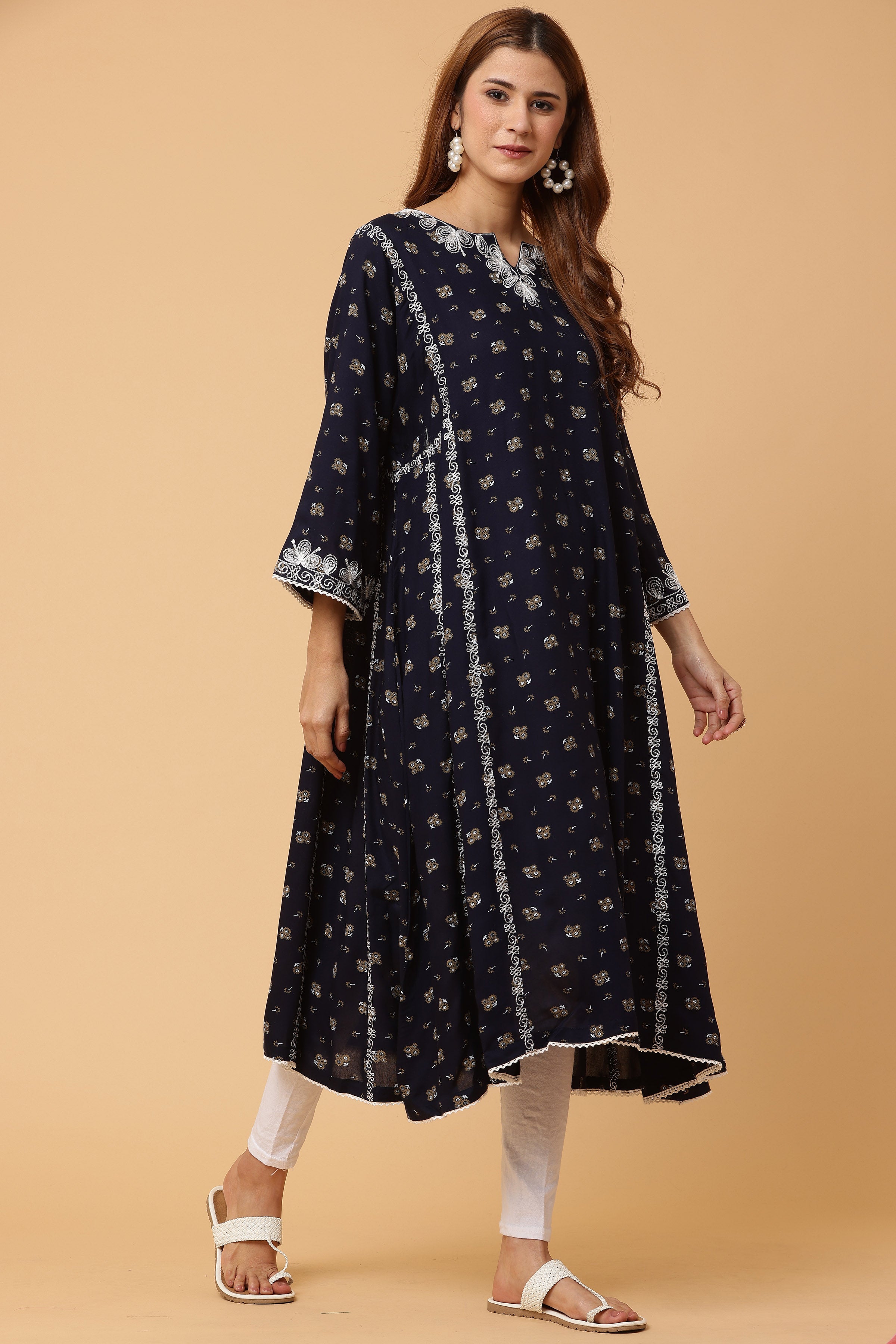 Kaanchie Nanggia Navy Blue Embroidered Flared Kurta with Leggings (Set of 2)