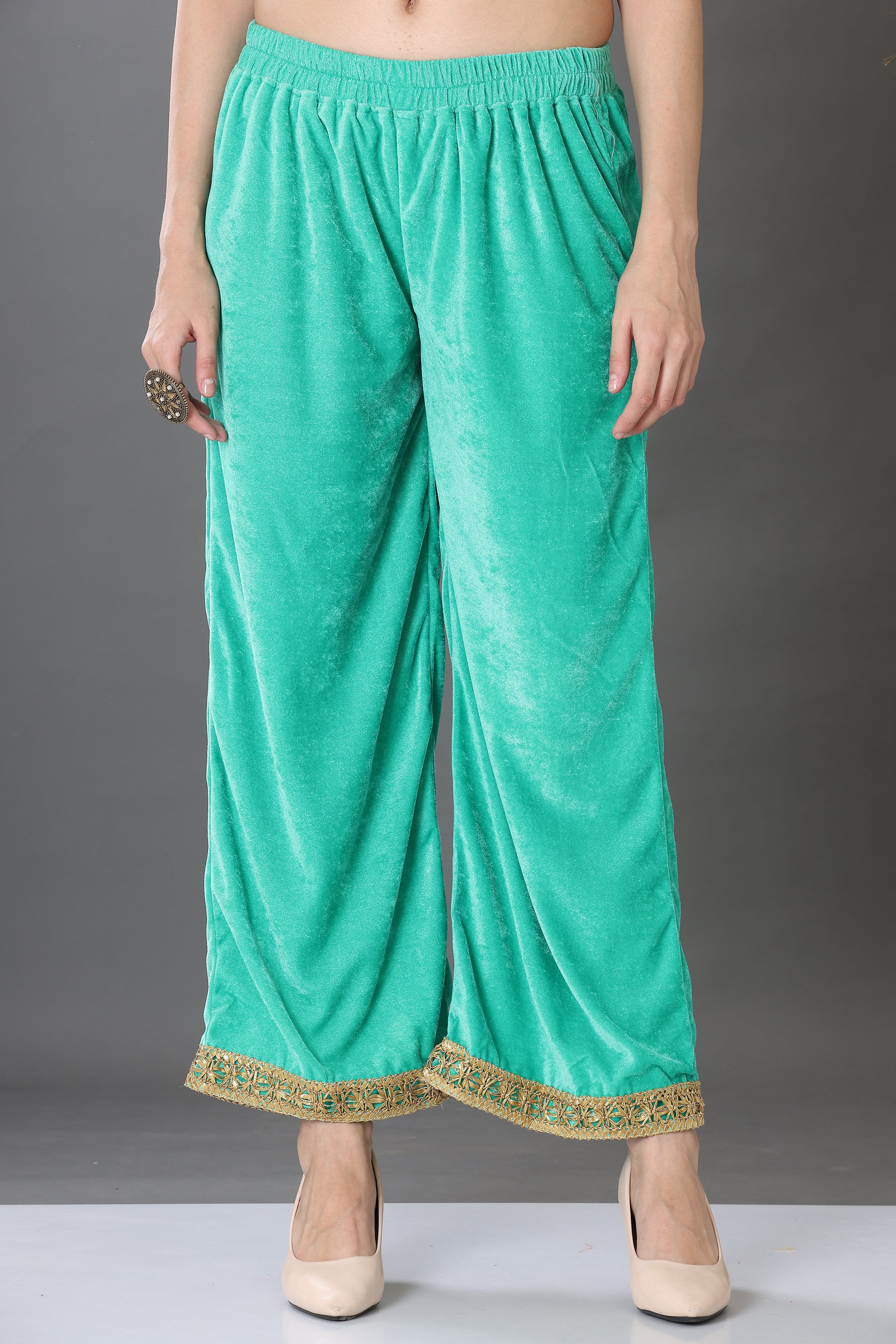 Kaanchie Nanggia Firoji Velvet with Gota Patti Work Flared Kurta Palazzo & Dupatta (Set of 3)