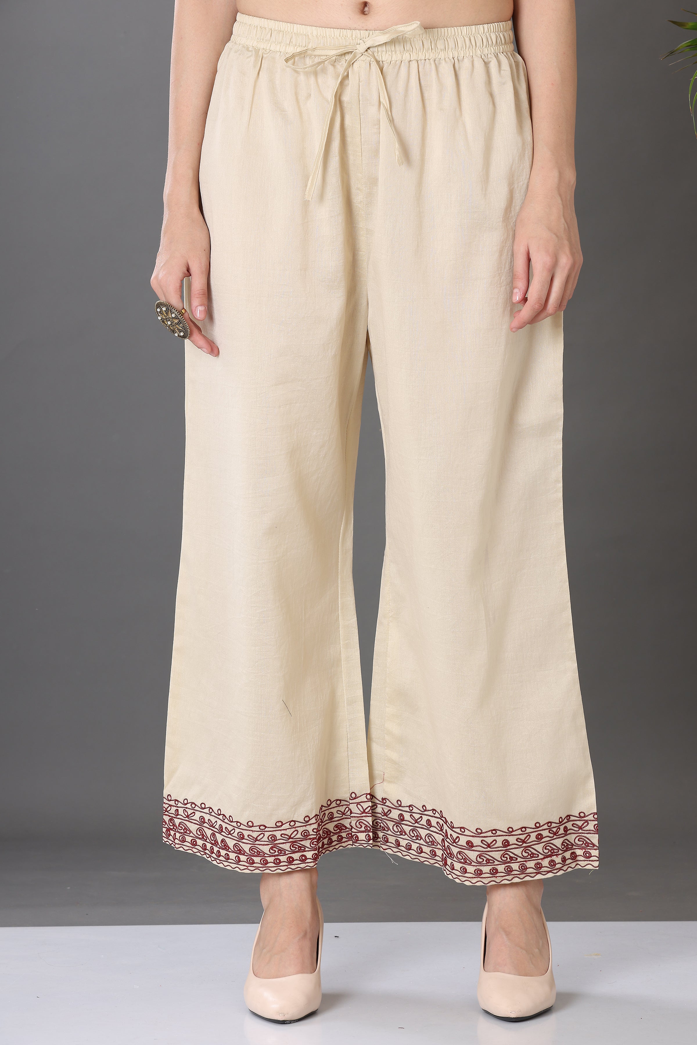 Kaanchie Nanggia Beige Embroidered Cotton Silk Kurta Palazzo (Set of 2)