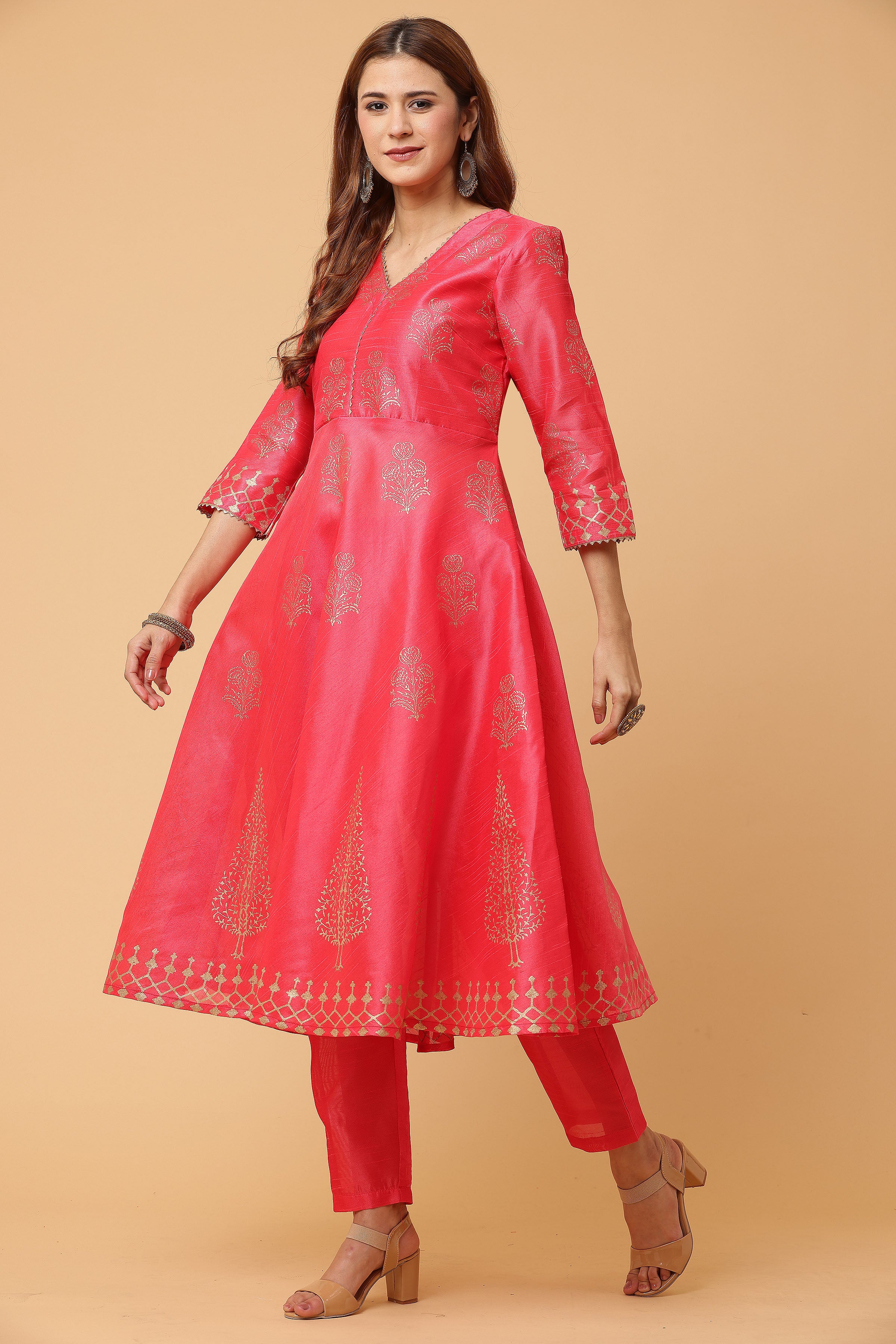 Kaanchie Nanggia Pink Flared Printed Kurta with Pant (Set of 2)
