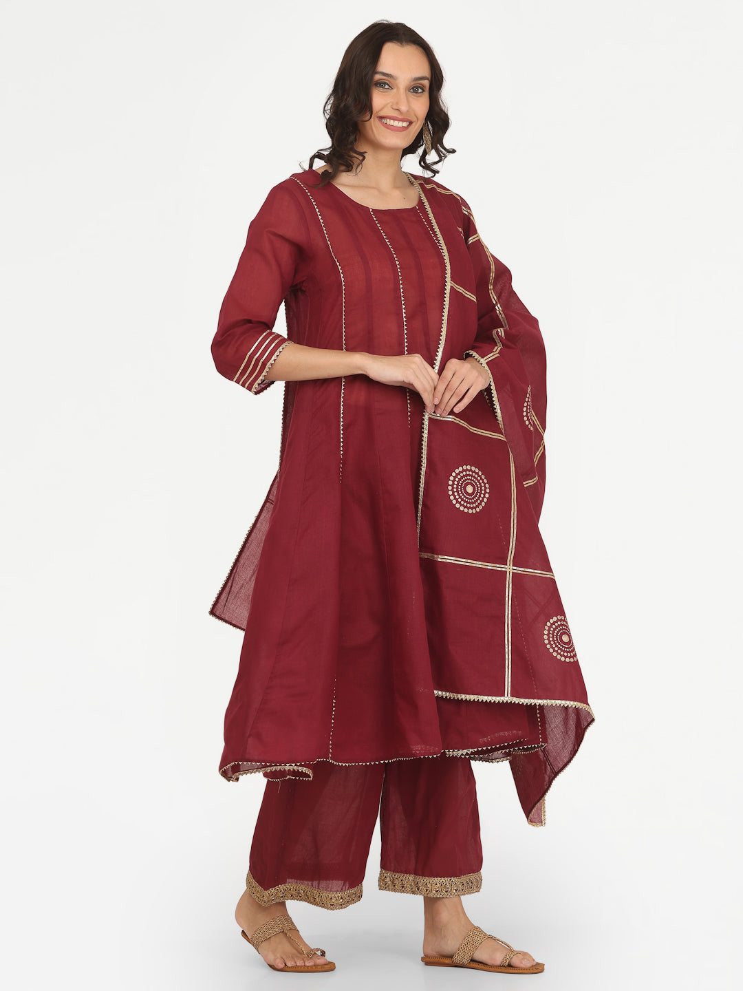 Kaanchie Nanggia Maroon Gota Work Kurta Pant with Printed Dupatta (Set of 3)