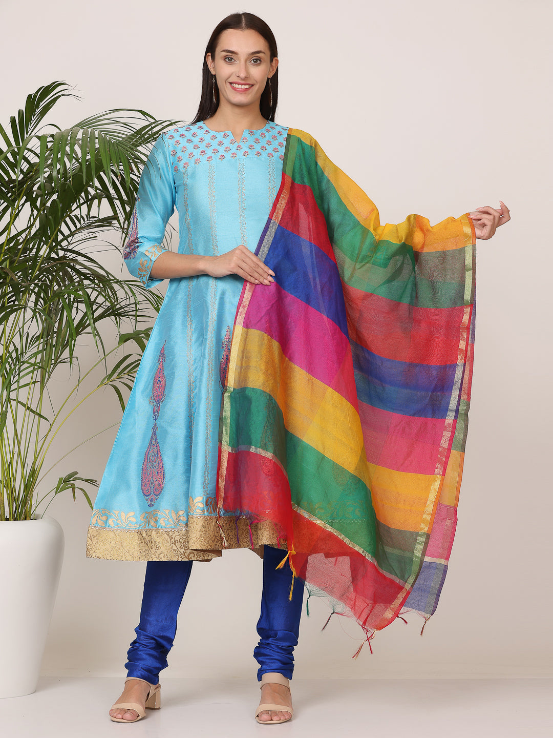 Kaanchie Nanggia Turquoise Silk Printed Anarkali Churidar with Dupatta (Set of 3)