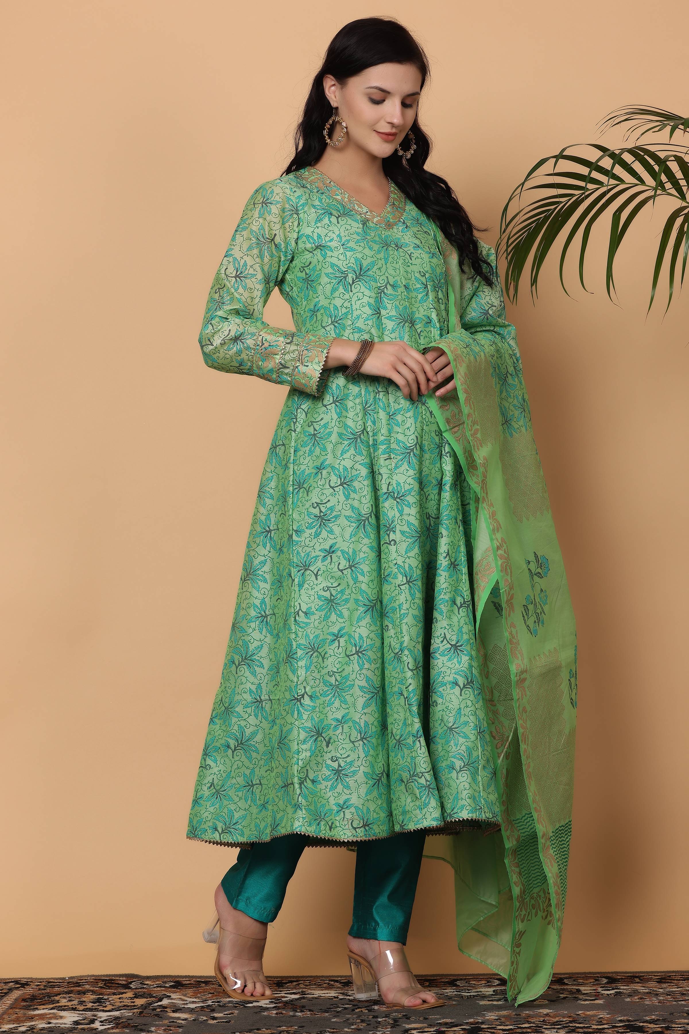 Kaanchie Nanggia Green Chanderi Kalidar Printed Kurta Dupatta with Pants (Set of 3)