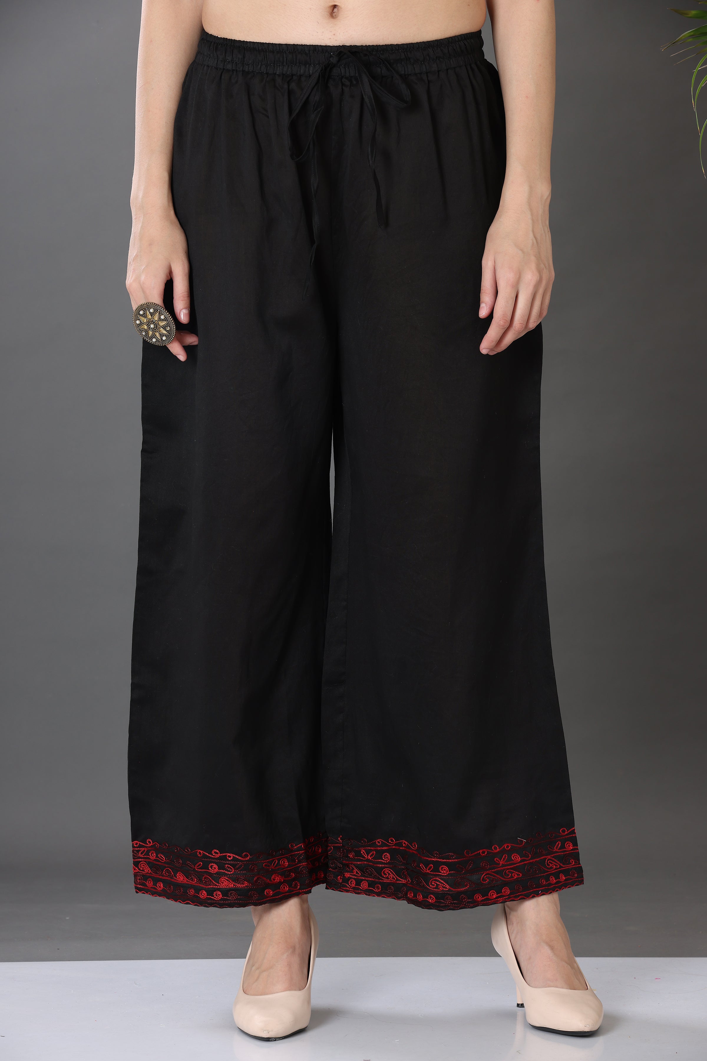 Kaanchie Nanggia Black Embroidered Cotton Silk Kurta Palazzo (Set of 2)