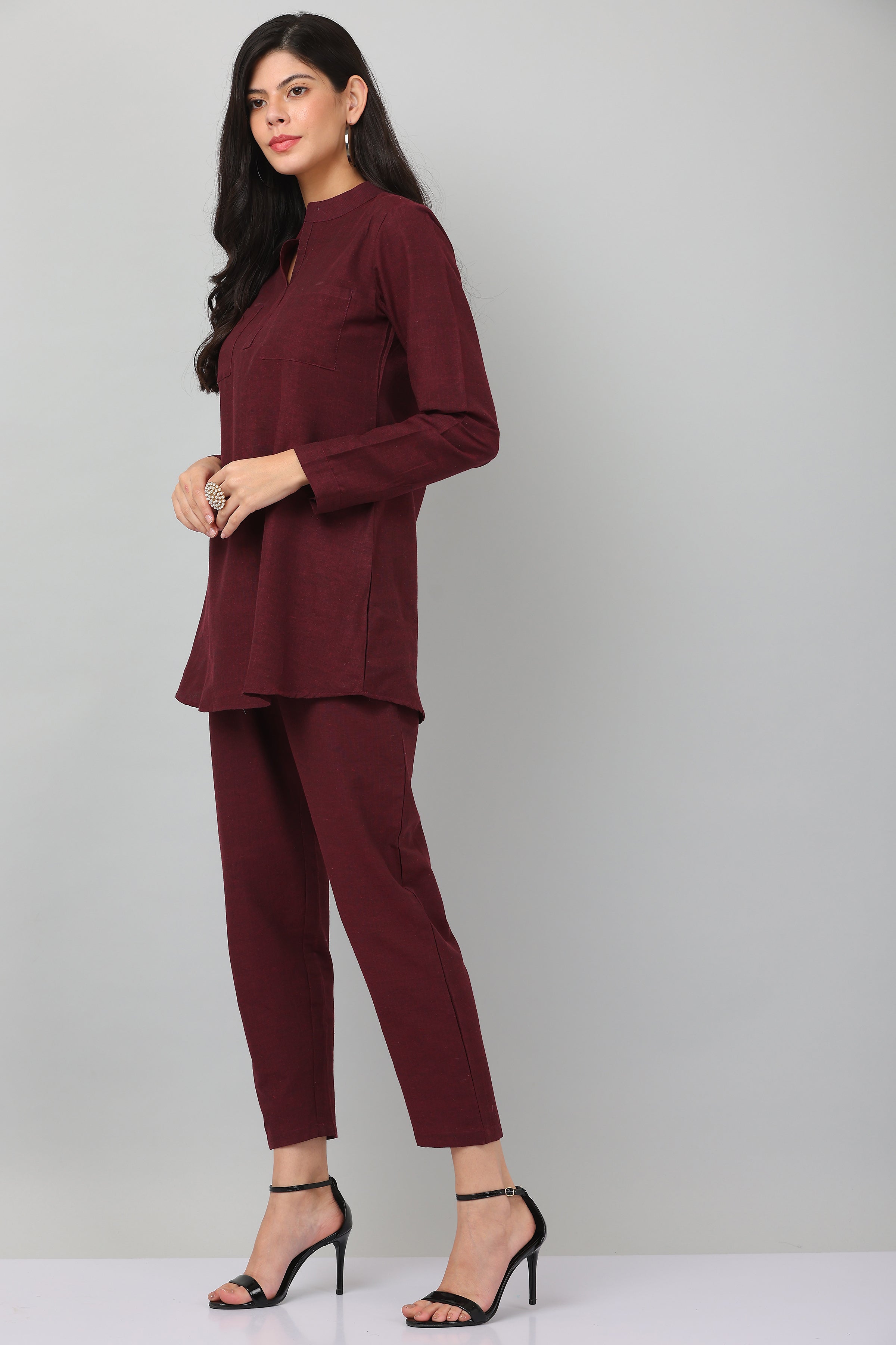 Kaanchie Nanggia Maroon Causal Wear Shirt & Pants (Set of 2)