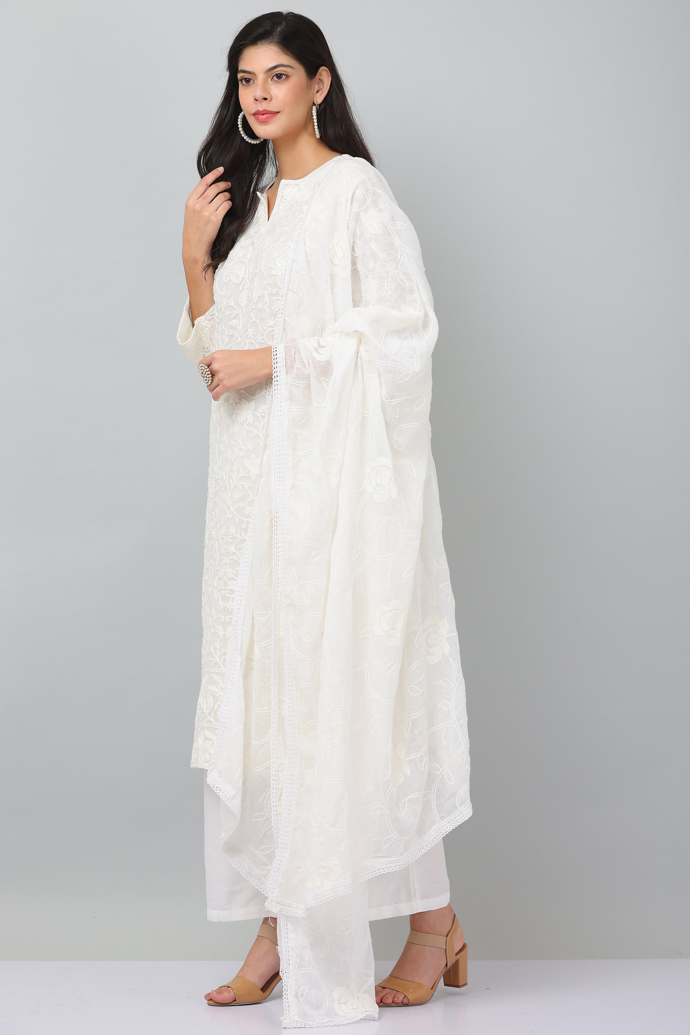 Kaanchie Nanggia White Georgette Embroidered Kurta & Dupatta with Pant (Set of 3)