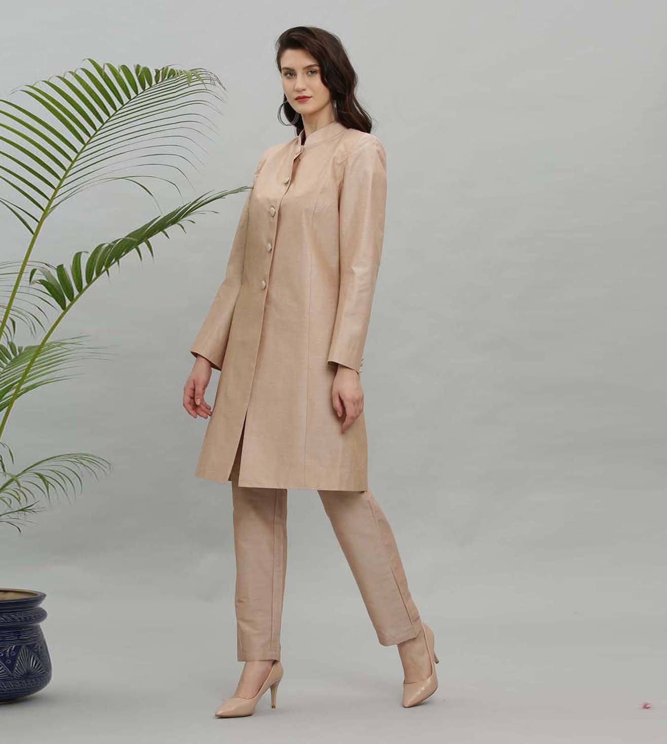 Kaanchie Nanggia Beige Solid Jacket Kurta And Pant - (Set of 2)