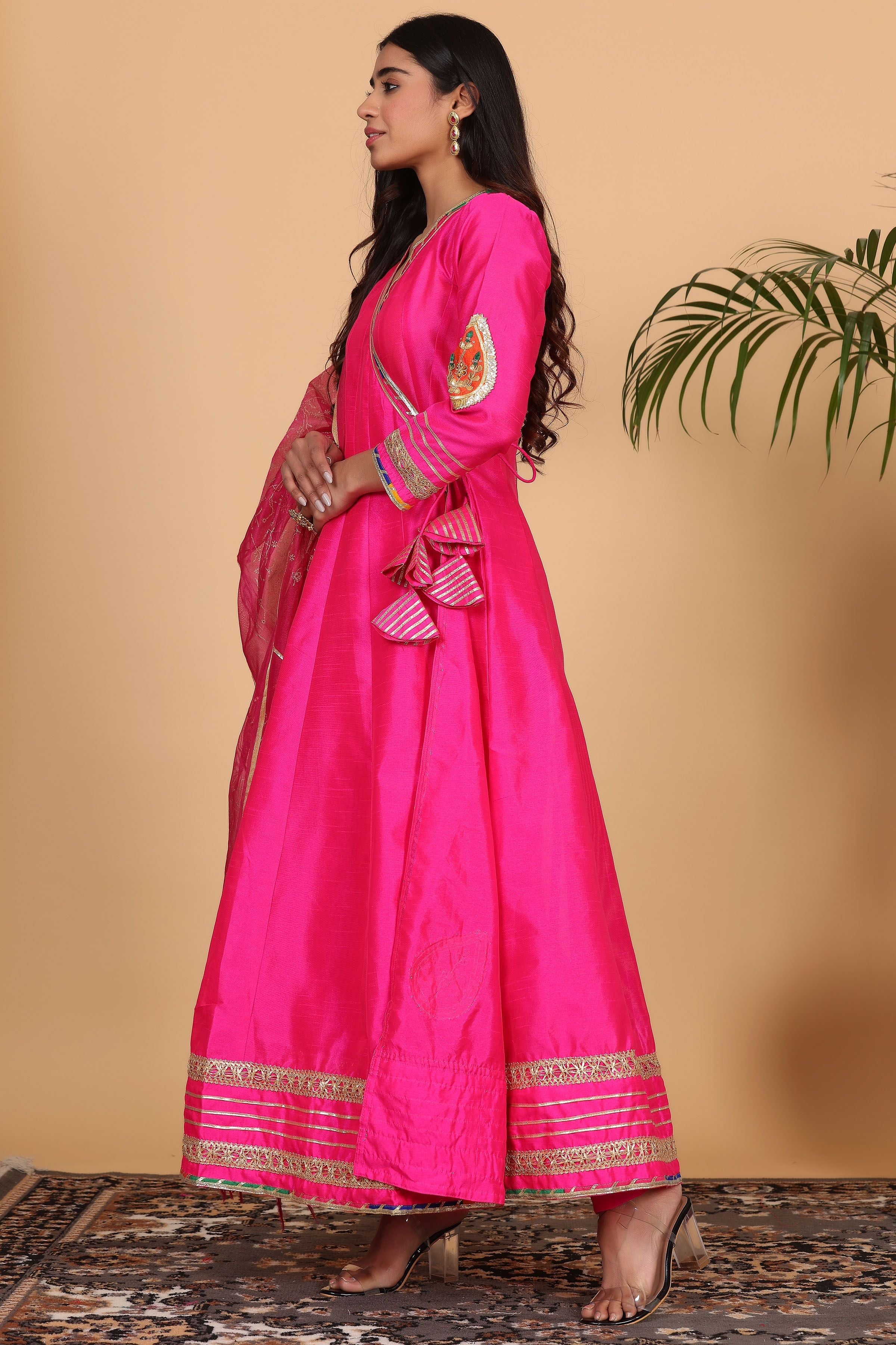 Kaanchie Nanggia Pink Silk Gota Work Anarkali Kurta Printed Dupatta with Churidar (Set of 3)