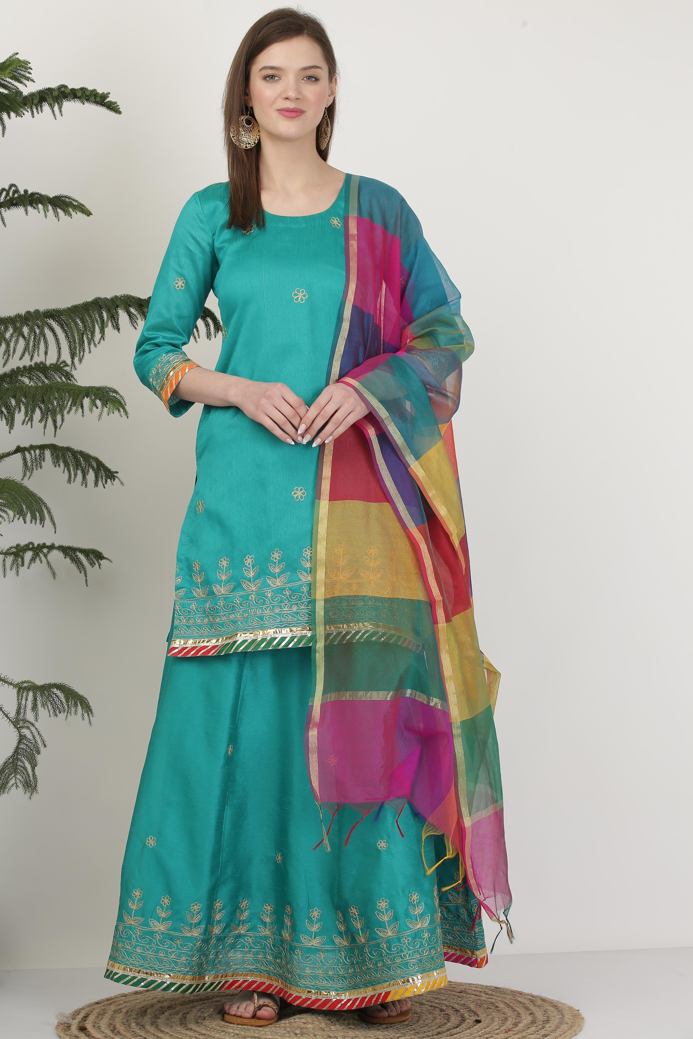 Kaanchie Nanggia Turquoise Blue Embroidered Thread Work Silk Ready to Wear Lehenga & Kurta With Dupatta (Set of 3)