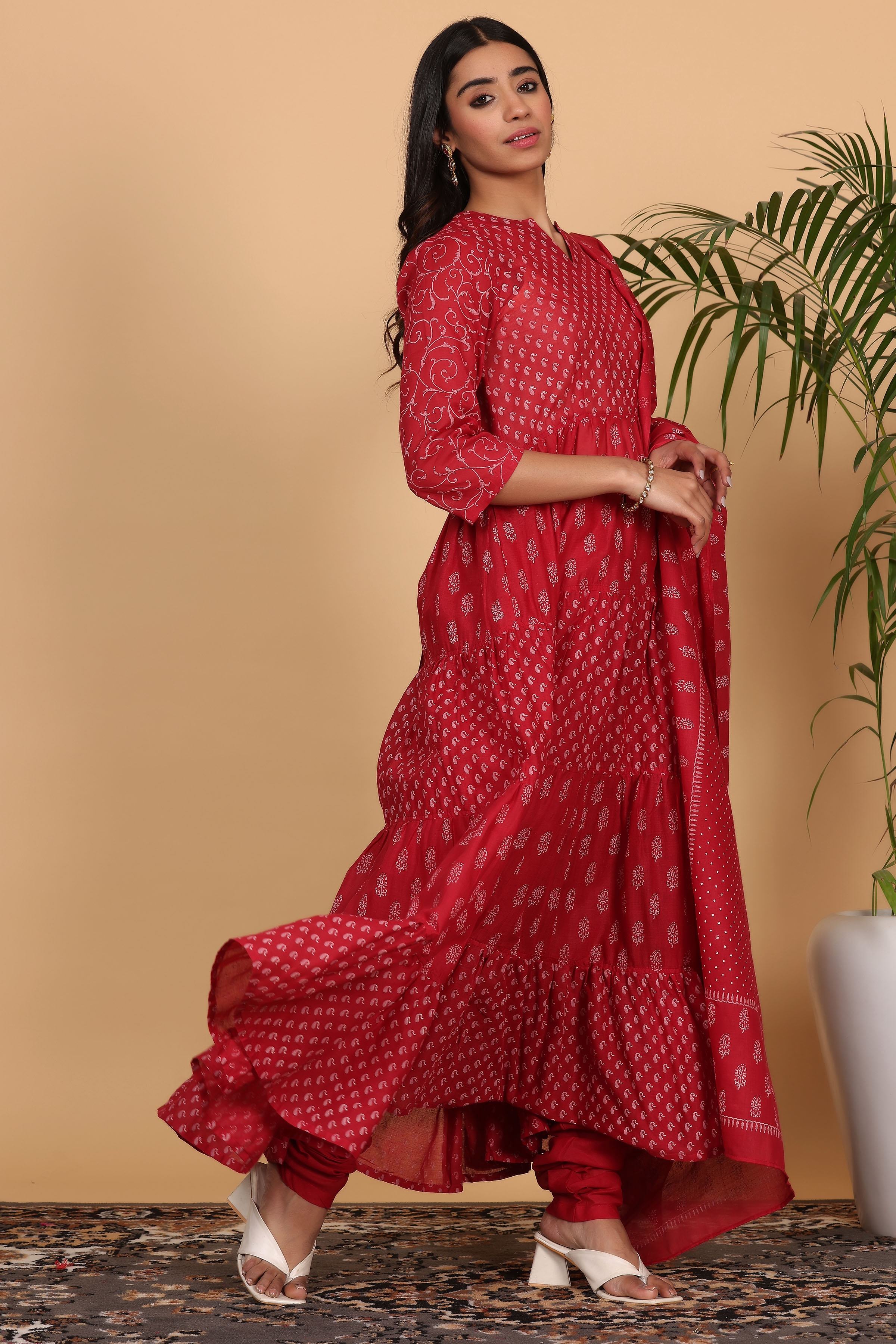 Kaanchie Nanggia Maroon Cotton Printed Anarkali Kurta Dupatta with Churidar (Set of 3)