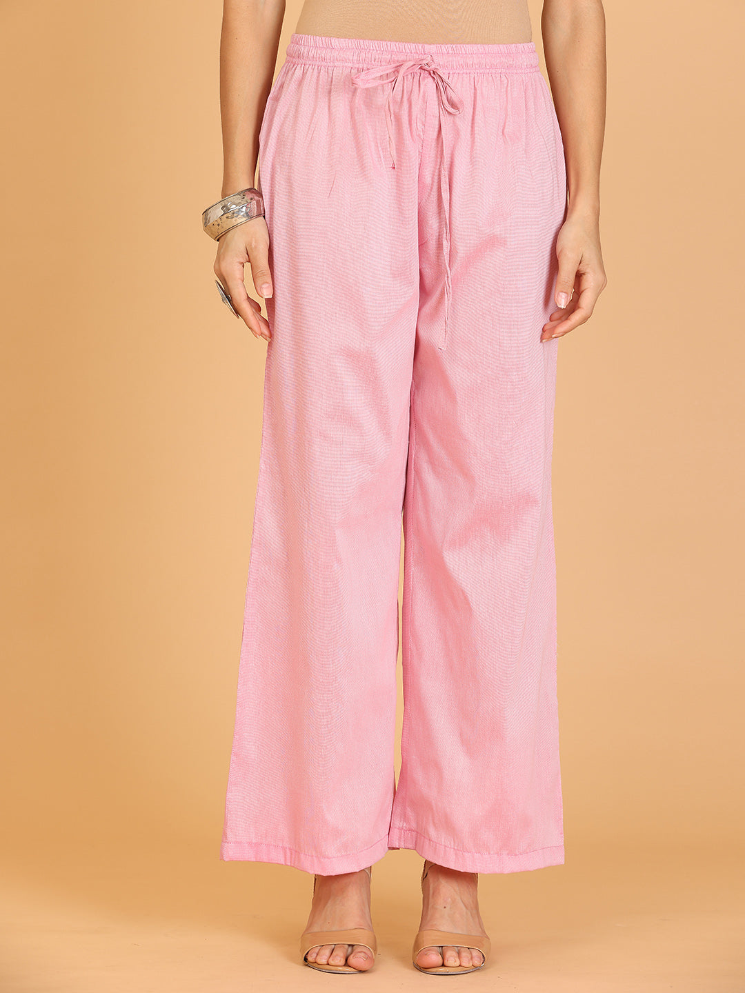 Kaanchie Nanggia Pink Embroidered Cotton Silk Flayred Kurta and Palazzo (Set of 2)