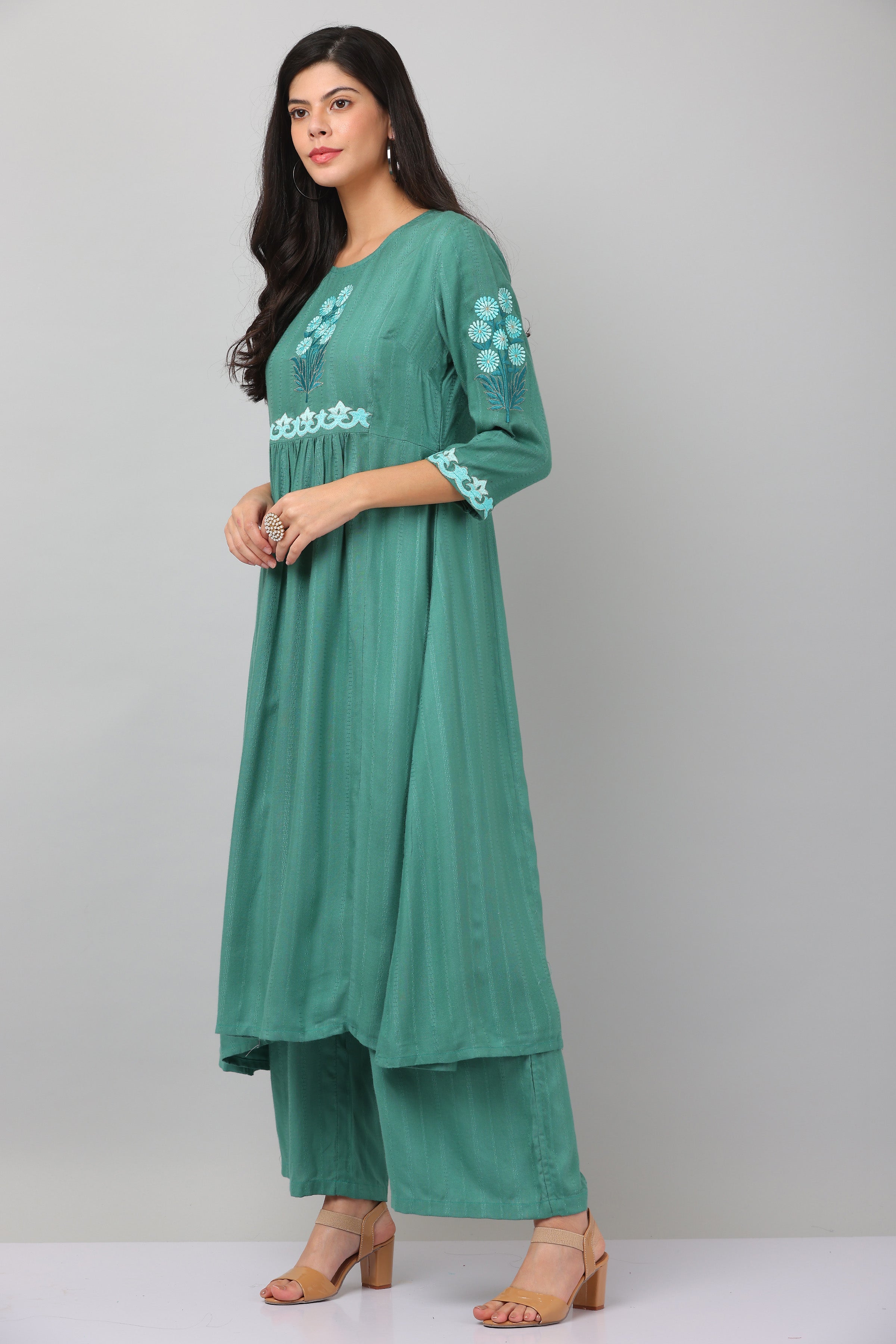 Kaanchie Nanggia Green Flared Kurta & Palazzo (Set of 2)