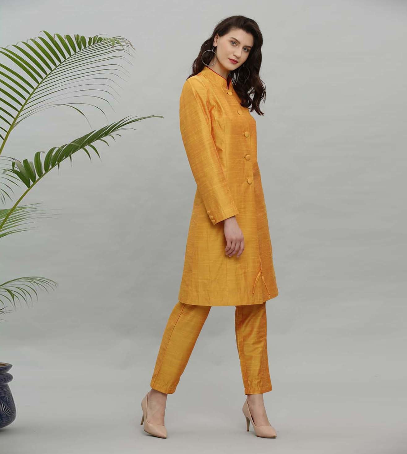 Kaanchie Nanggia Yellow Solid Jacket Kurta And Pant - (Set of 2)