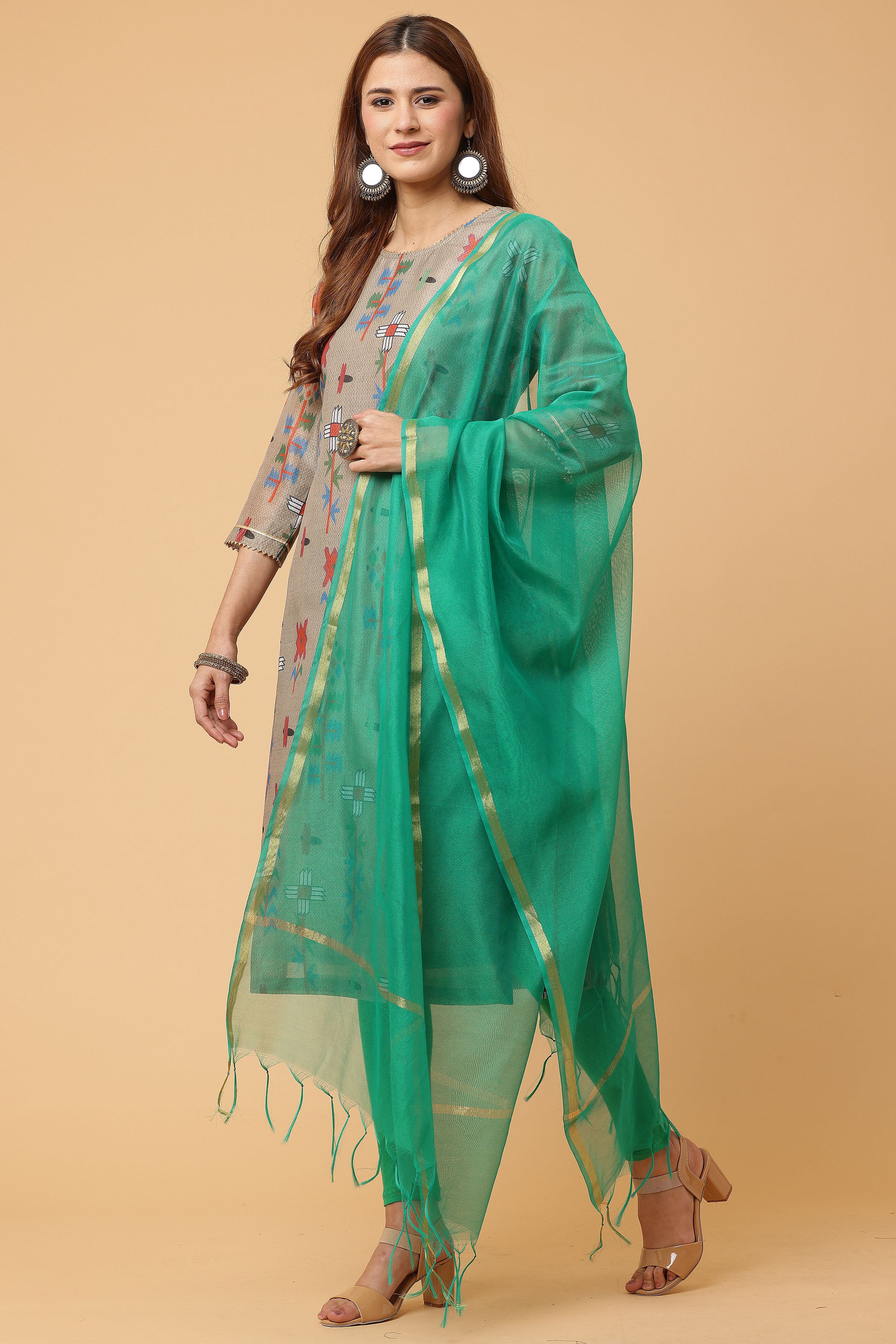 Kaanchie Nanggia Grey Digital Printed Kurta Legging with Dupatta (Set of 3)