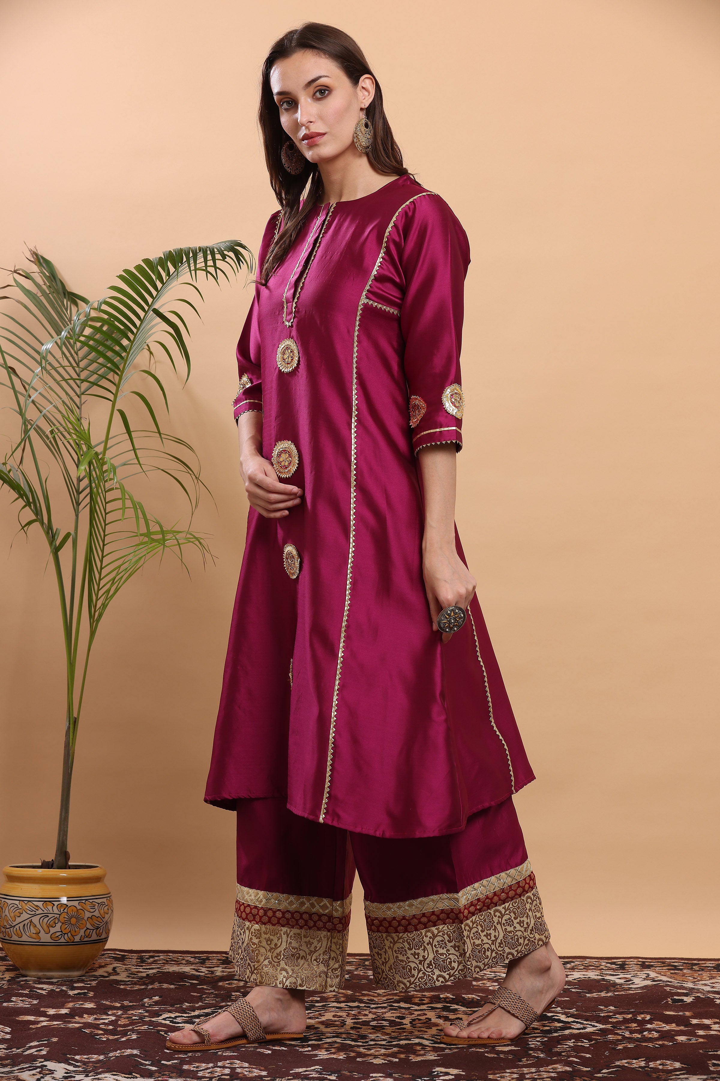 Kaanchie Nanggia Dark Pink Flayred Gota Work Kurta Palazzo (Set of 2)