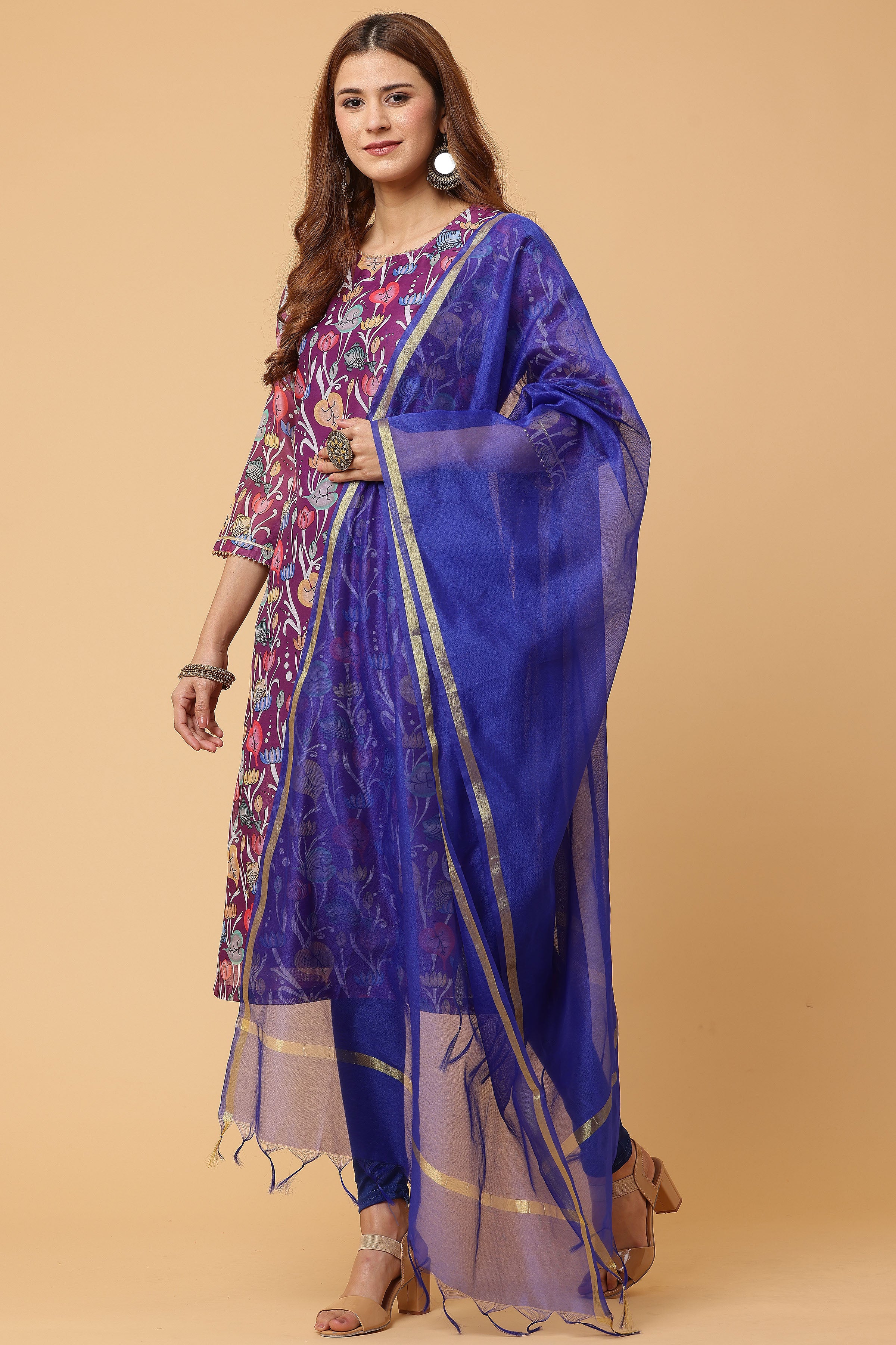 Kaanchie Nanggia Purple Digital Printed Kurta Legging with Dupatta (Set of 3)
