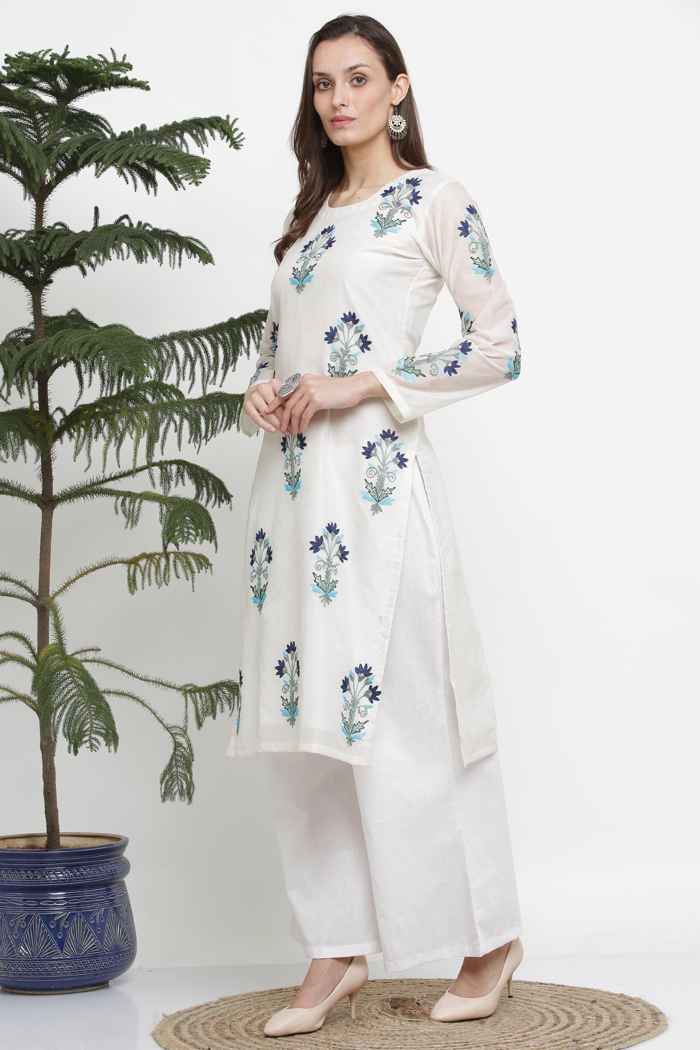 Kaanchie Nanggia White Embroidred A Line Kurta And Pant (Set of 2)