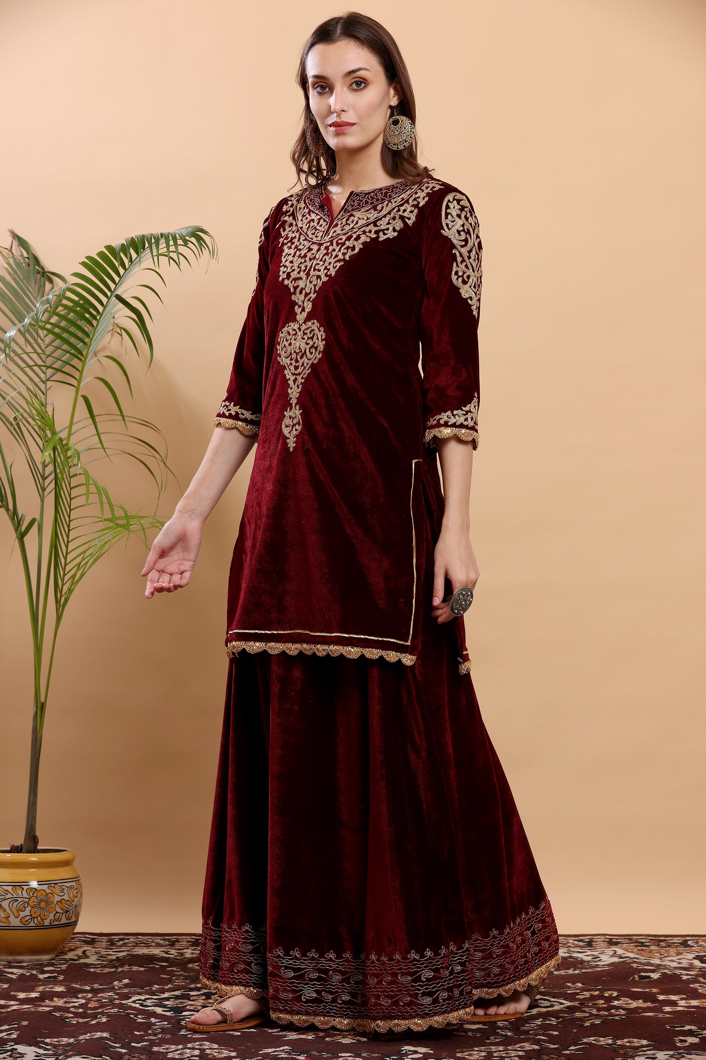 Kaanchie Nanggia Maroon Embroidered Kurta Lehenga (Set of 2)