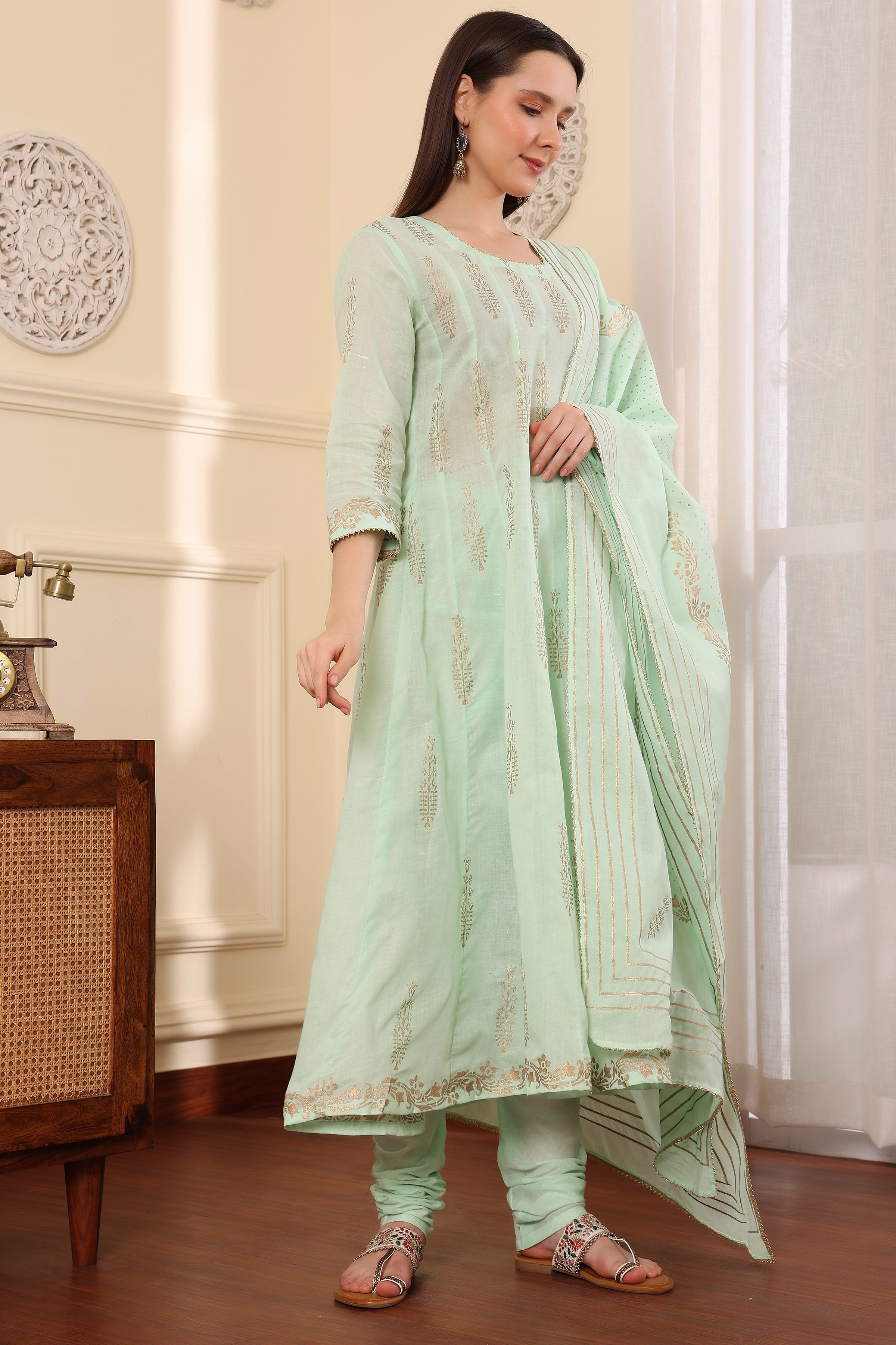 Kaanchie Nanggia Lime Green Printed Kalidar Kurta Dupatta with Churidar (Set of 3)