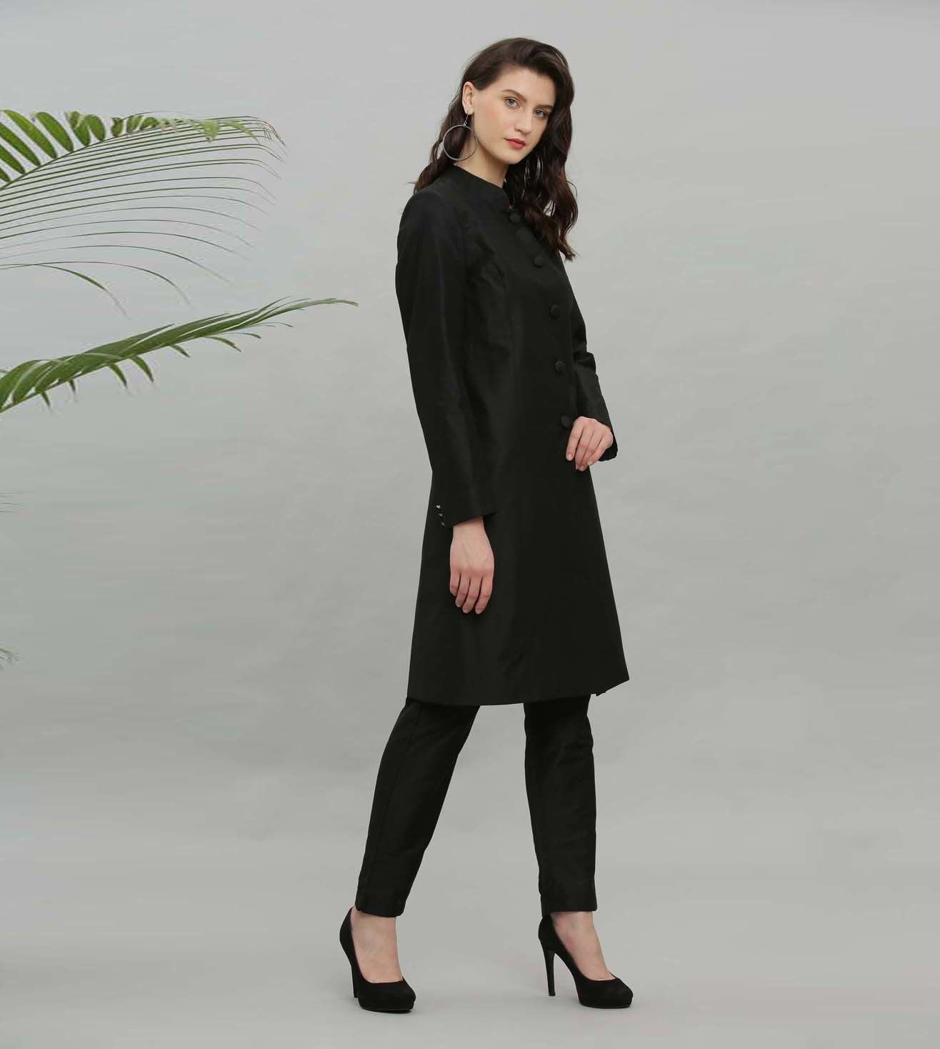 Kaanchie Nanggia Black Solid Jacket Kurta And Pant - (Set of 2)