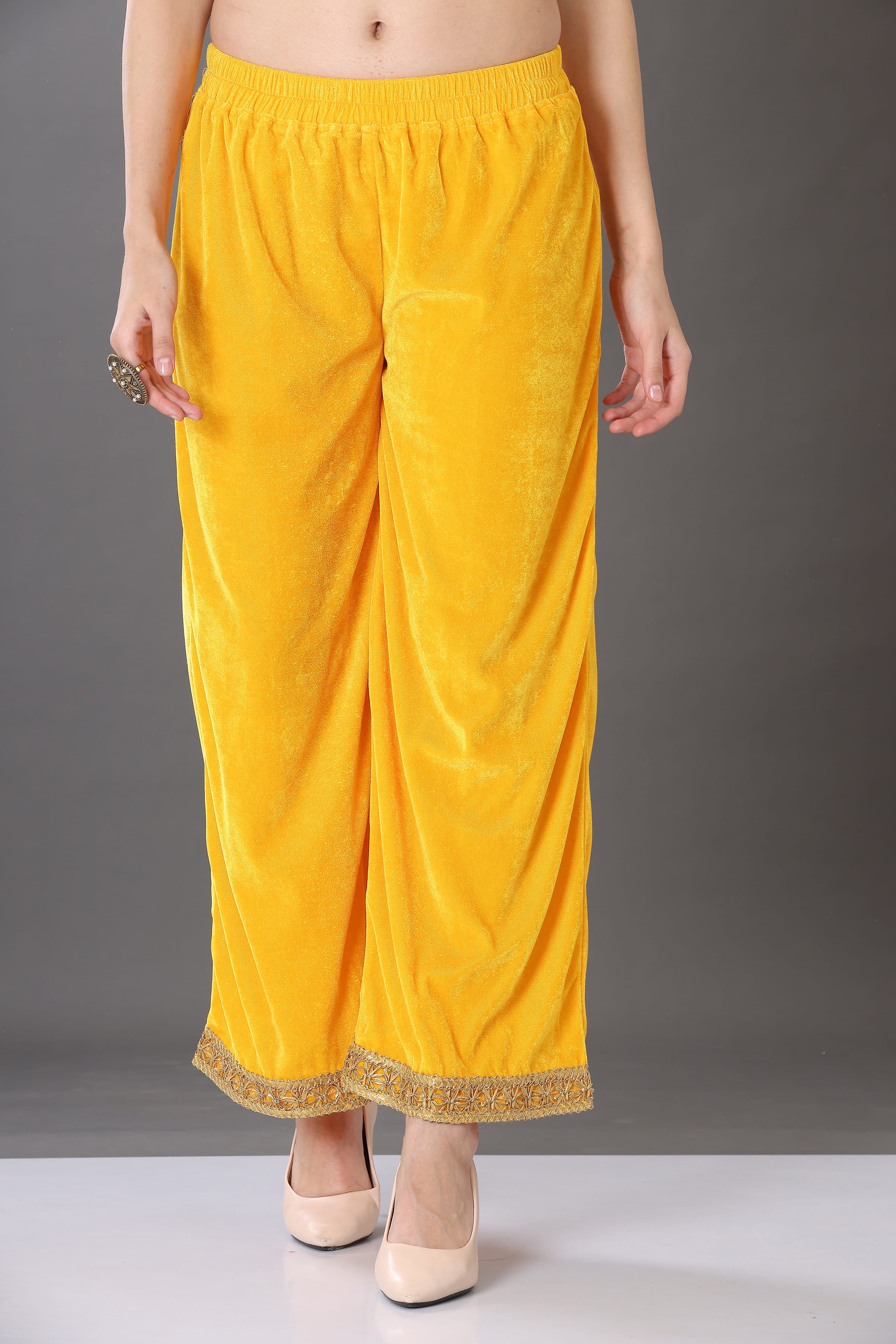Kaanchie Nanggia Yellow Velvet with Gota Patti Work Flared Kurta Palazzo & Dupatta (Set of 3)