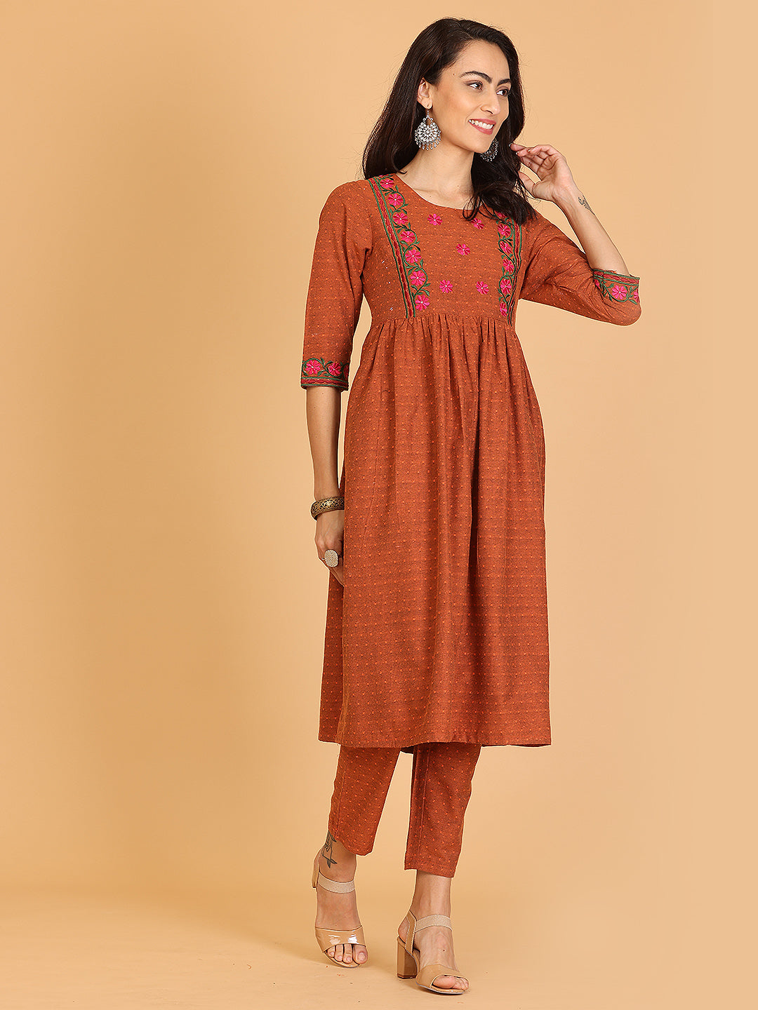 Kaanchie Nanggia Brown Embroidered Flayred Kurta with Pant (Set of 2)