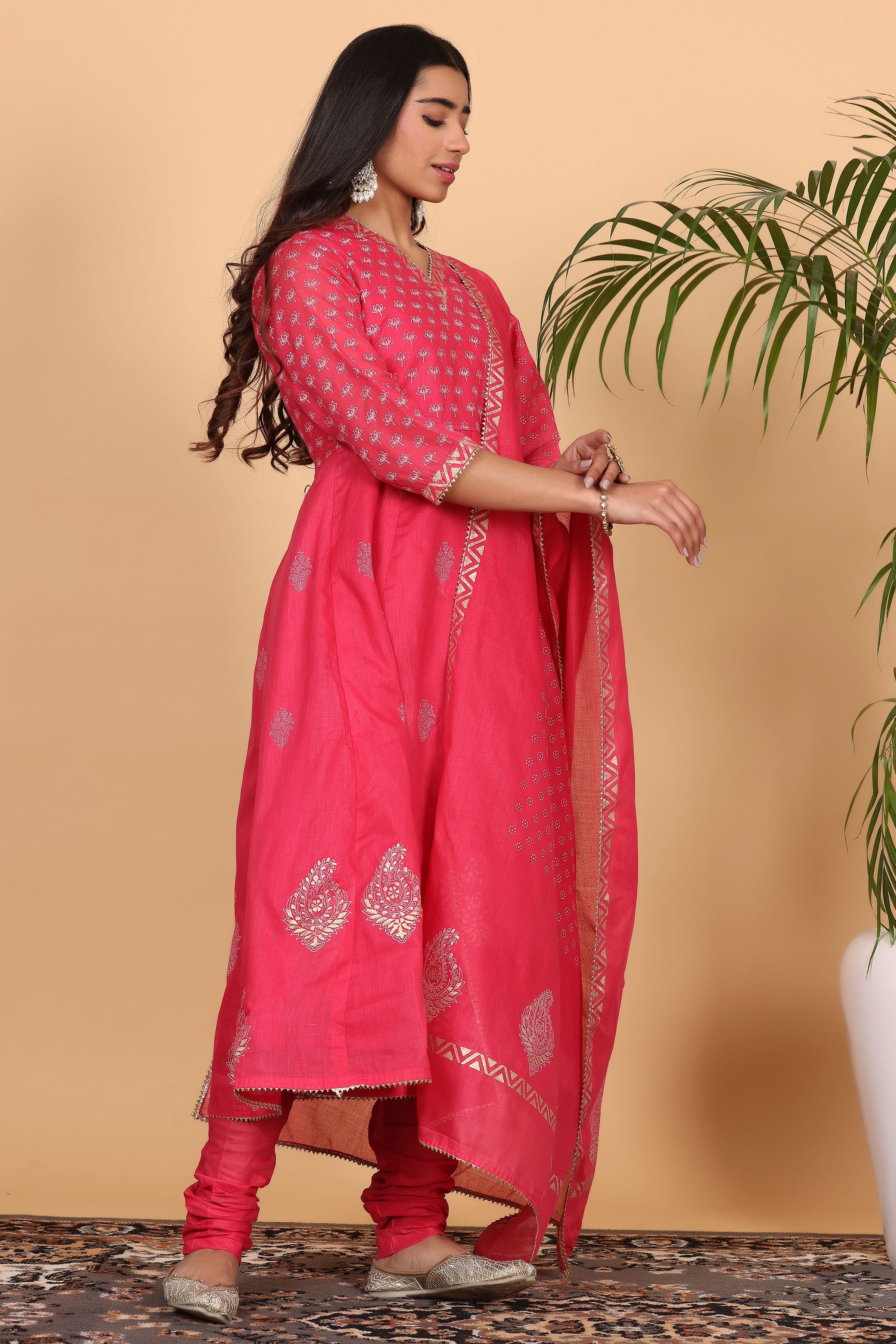 Kaanchie Nanggia Pink Printed Anarkali Kurta Dupatta with Churidar (Set of 3)