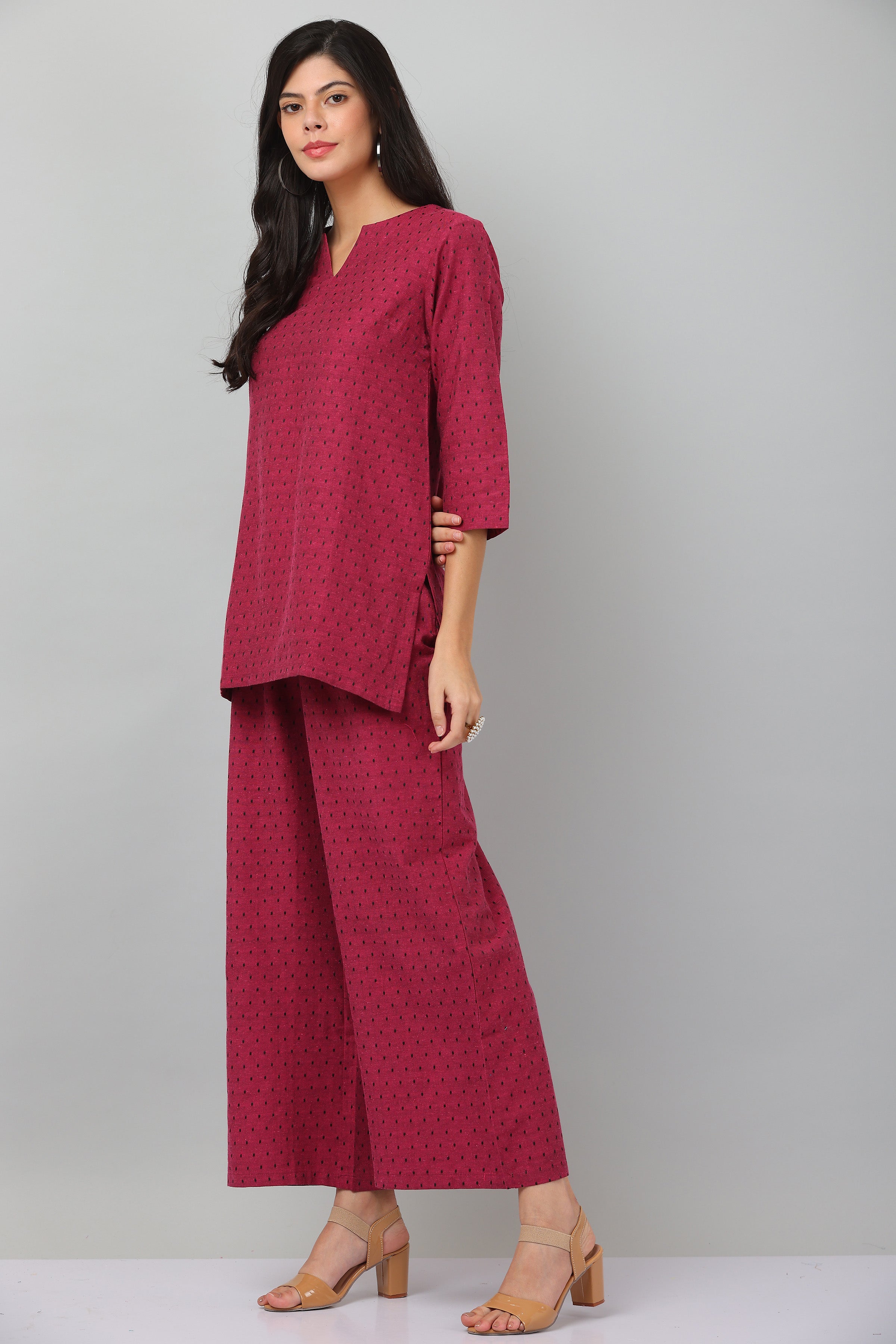 Kaanchie Nanggia Dark Pink Causal Wear Short Kurta & Pants (Set of 2)