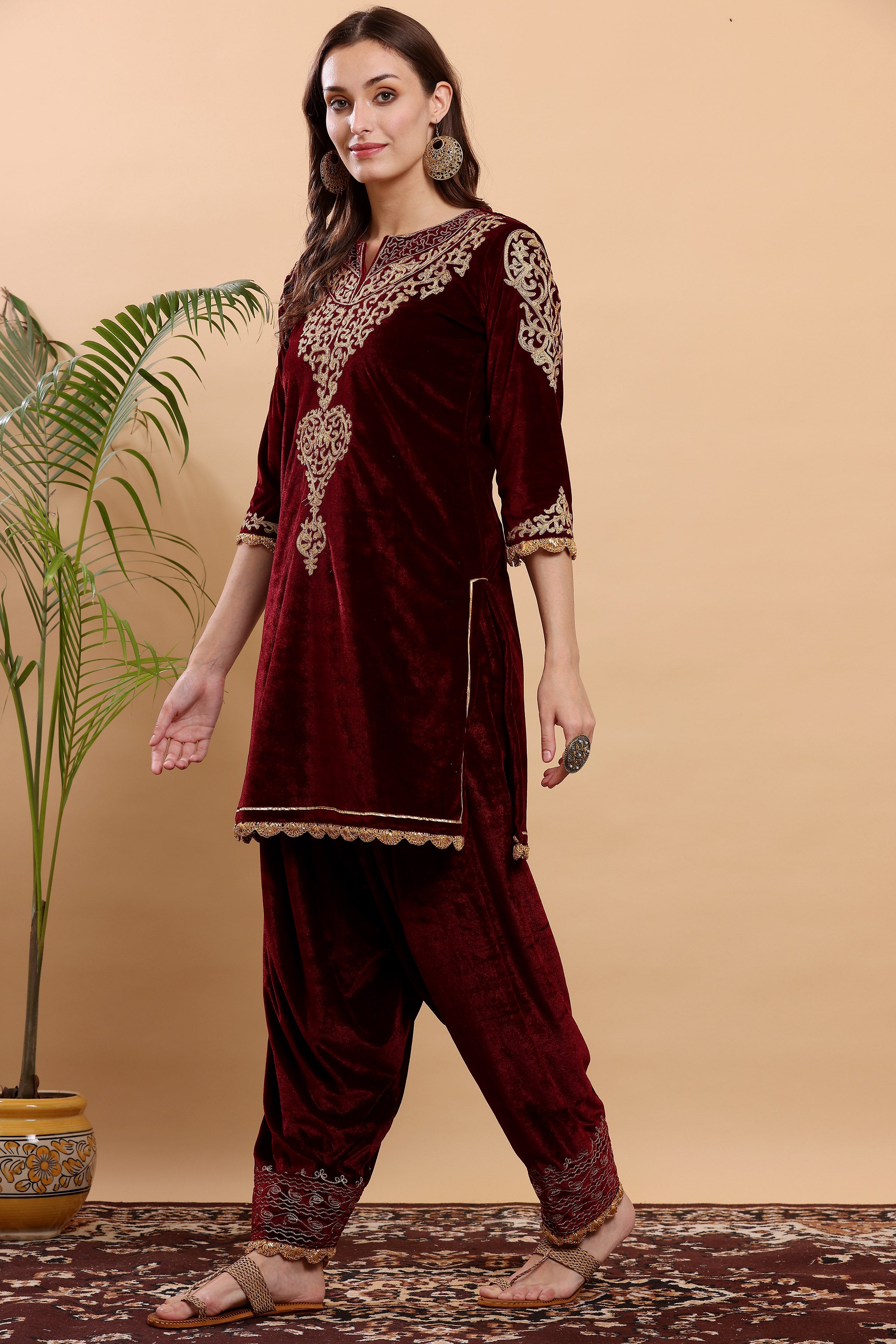 Kaanchie Nanggia Maroon Embroidered Kurta Salwar (Set of 2)