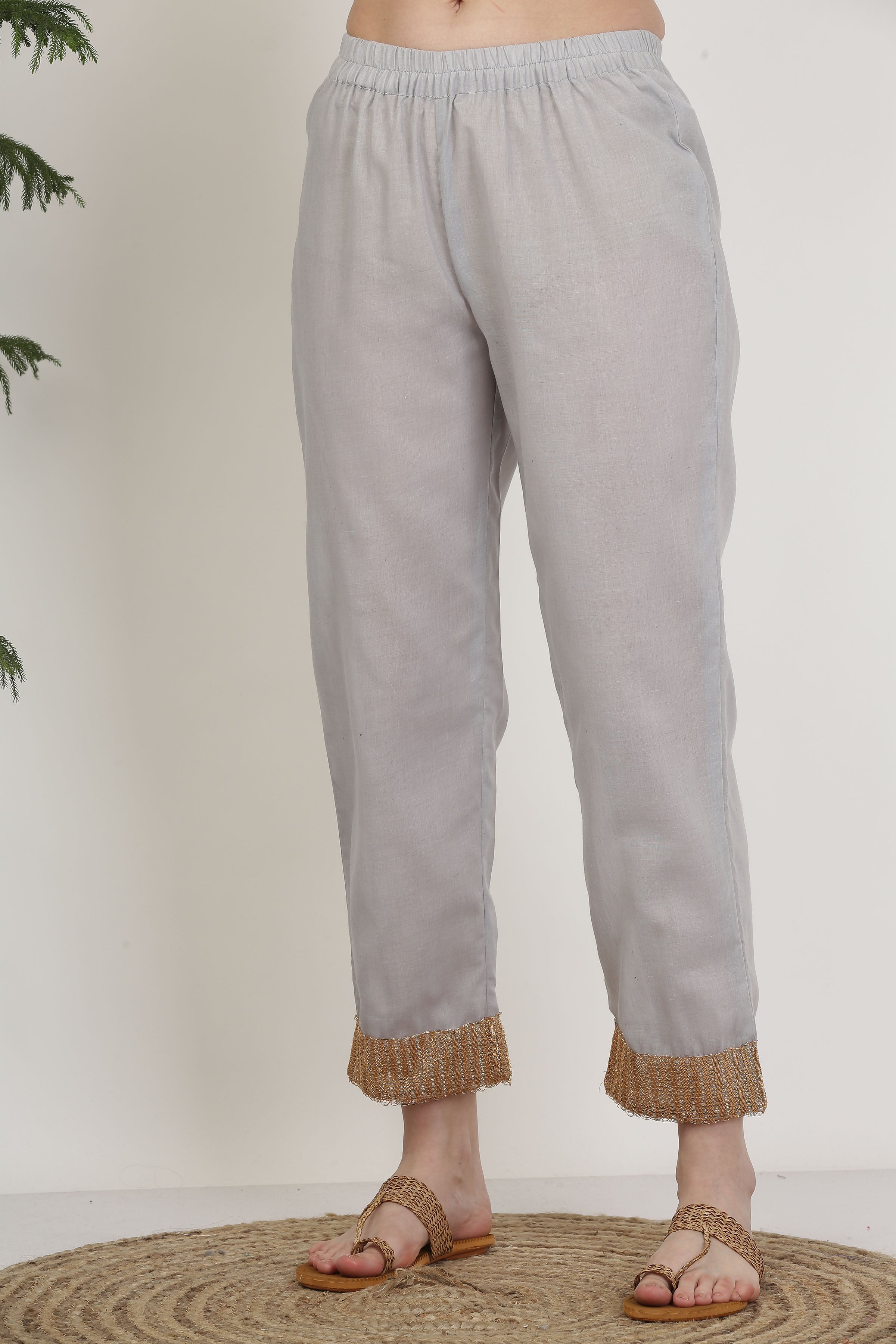 Kaanchie Nanggia Cotton Grey Gota Work Kurta Pant (Set of 2)