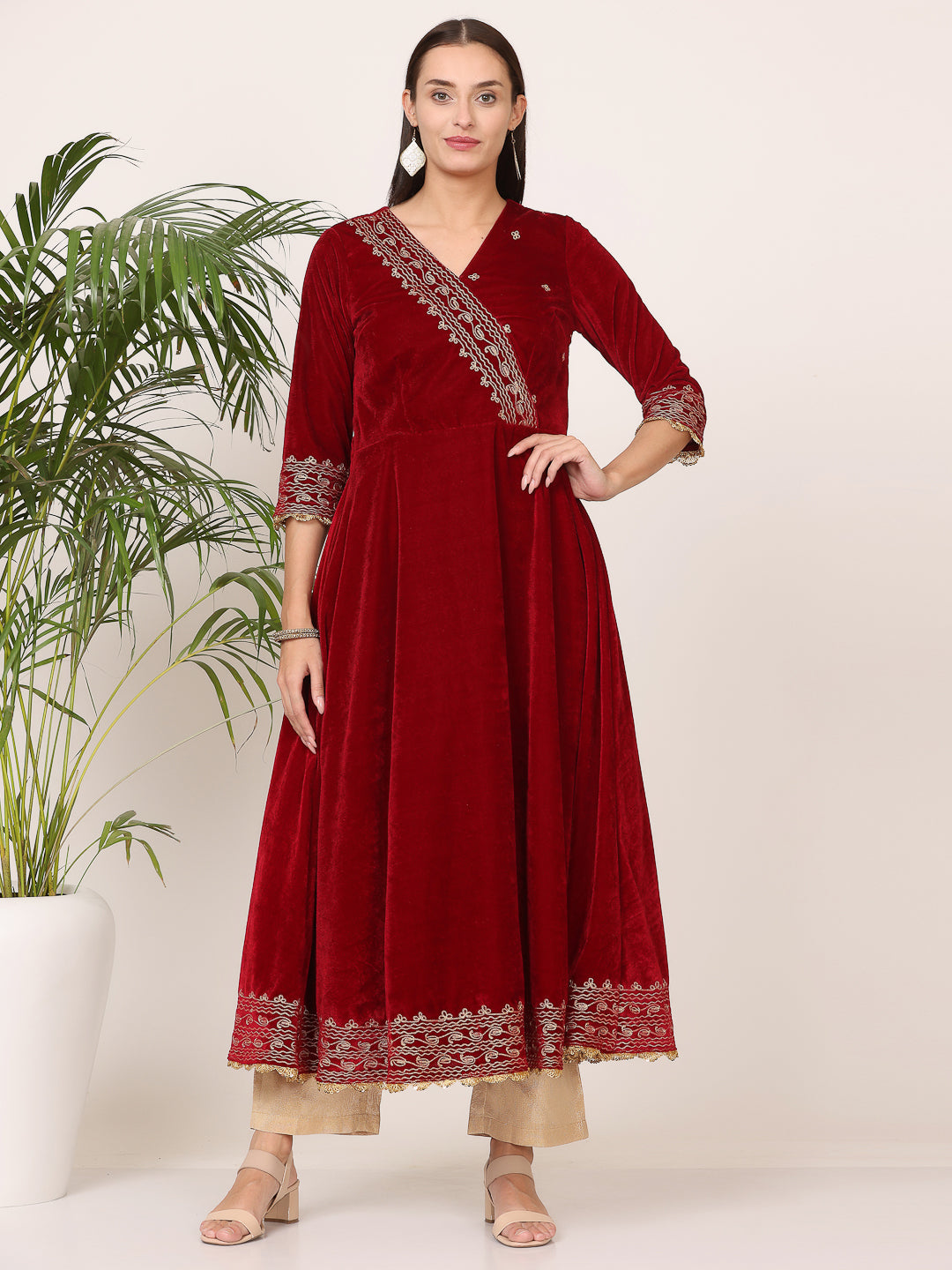 Kaanchie Nanggia Maroon Velvet Embroidered Anarkali with Pant (Set of 2)