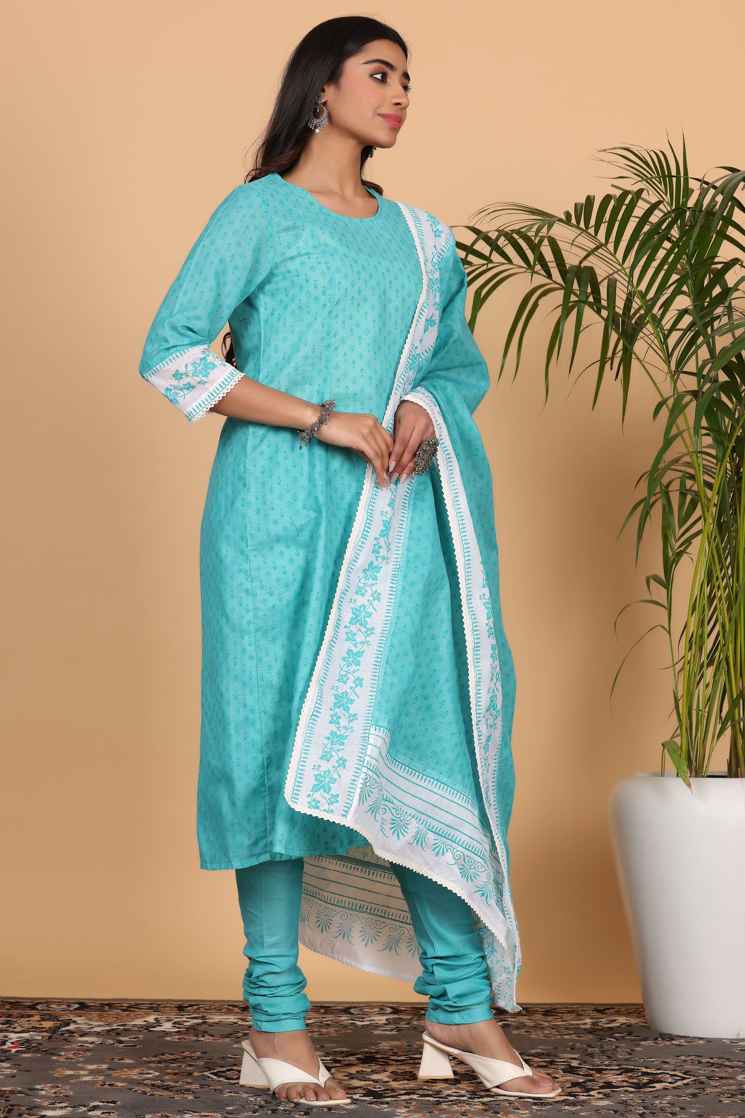 Kaanchie Nanggia Turquoise Printed Kurta Dupatta with Churidar (Set of 3)