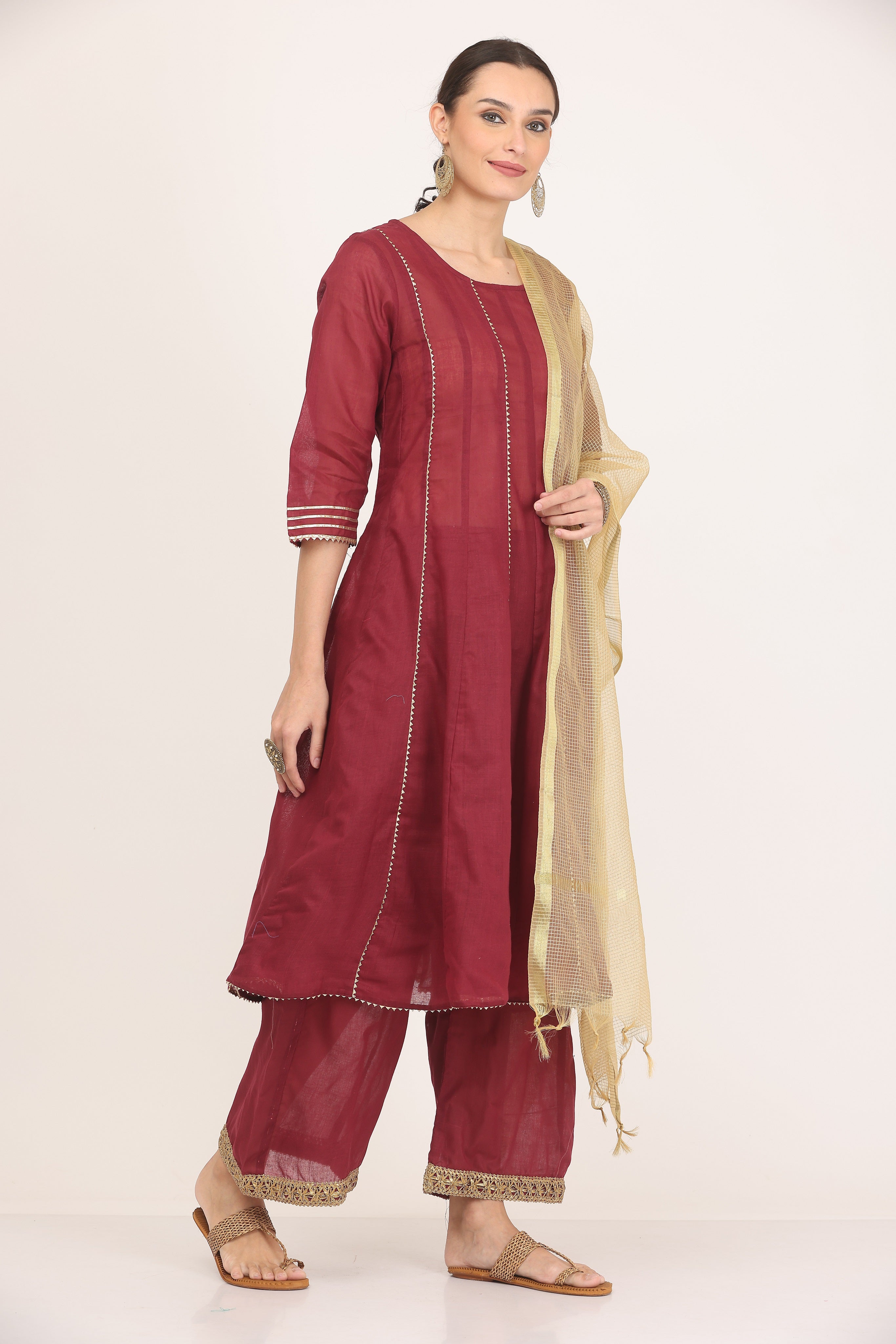 Kaanchie Nanggia Maroon Gota Work Kurta Palazzo with Dupatta (Set of 3)