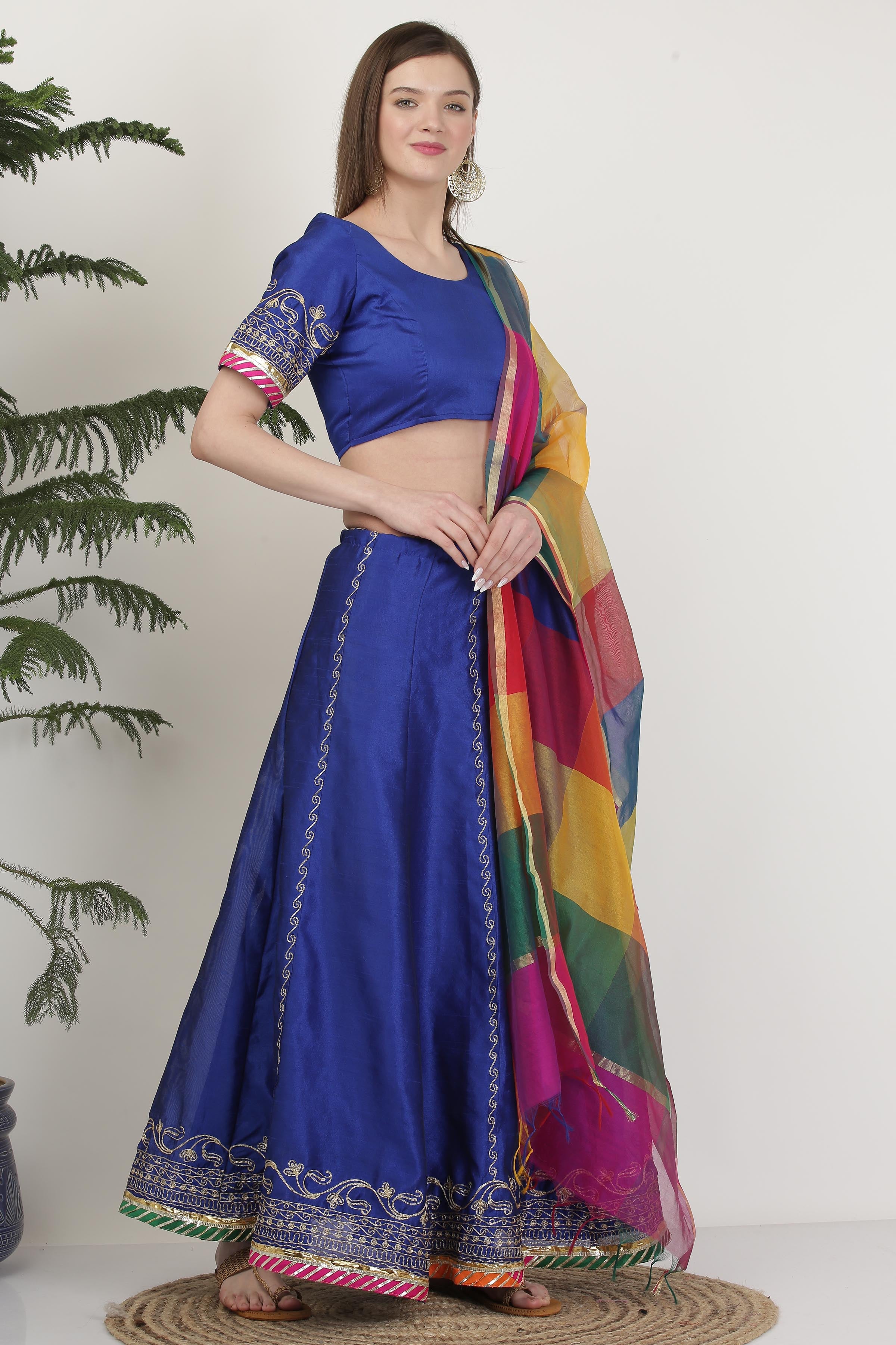 Kaanchie Nanggia Poly Silk Blue Embroidery Lehenga (Set of 3)