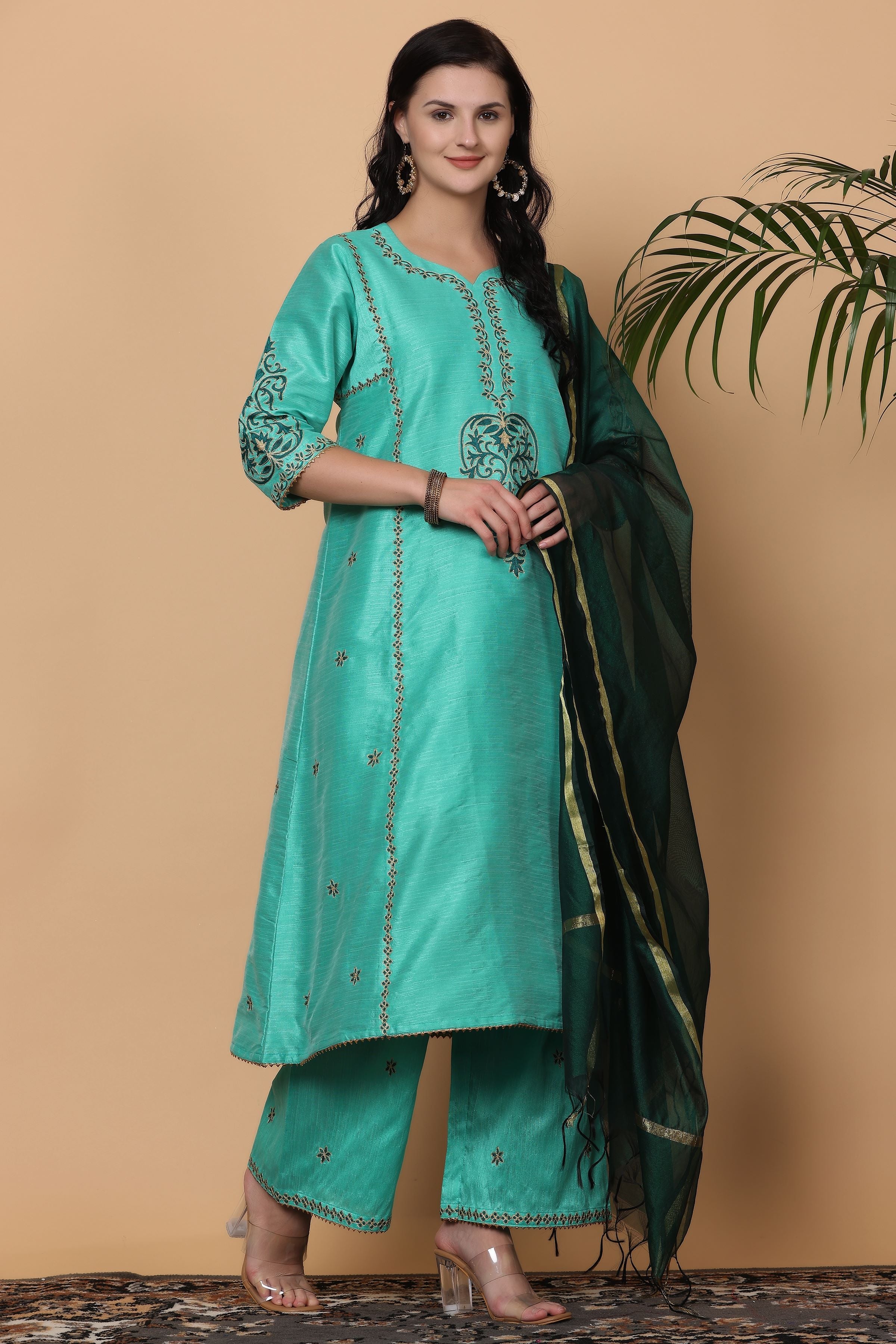 Kaanchie Nanggia Turquoise Embroidered Kurta Palazzo with Dupatta (Set of 3)