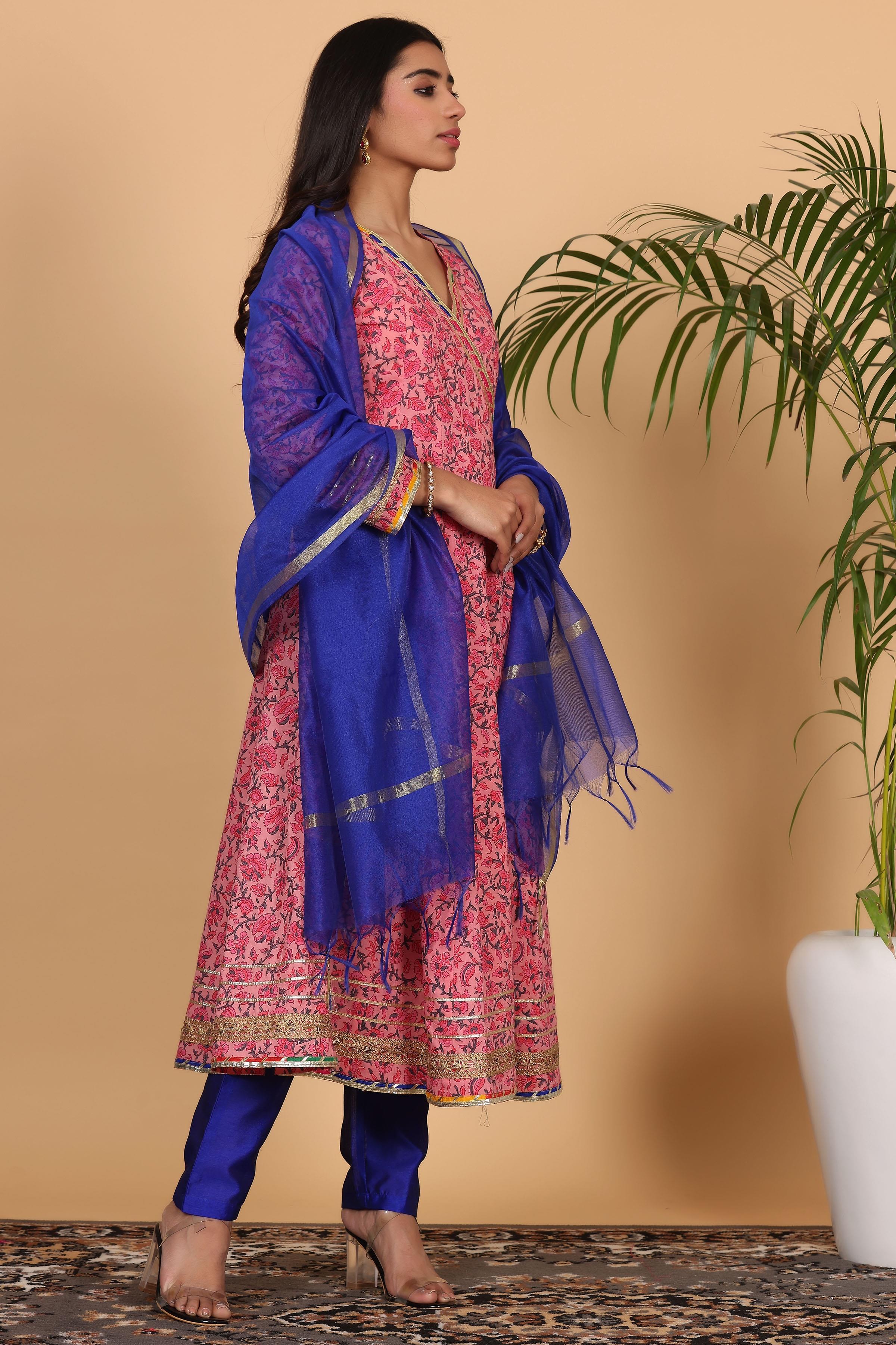 Kaanchie Nanggia Pink Cotton Printed Anarkali Kurta with Dupatta and Pants (Set of 3)